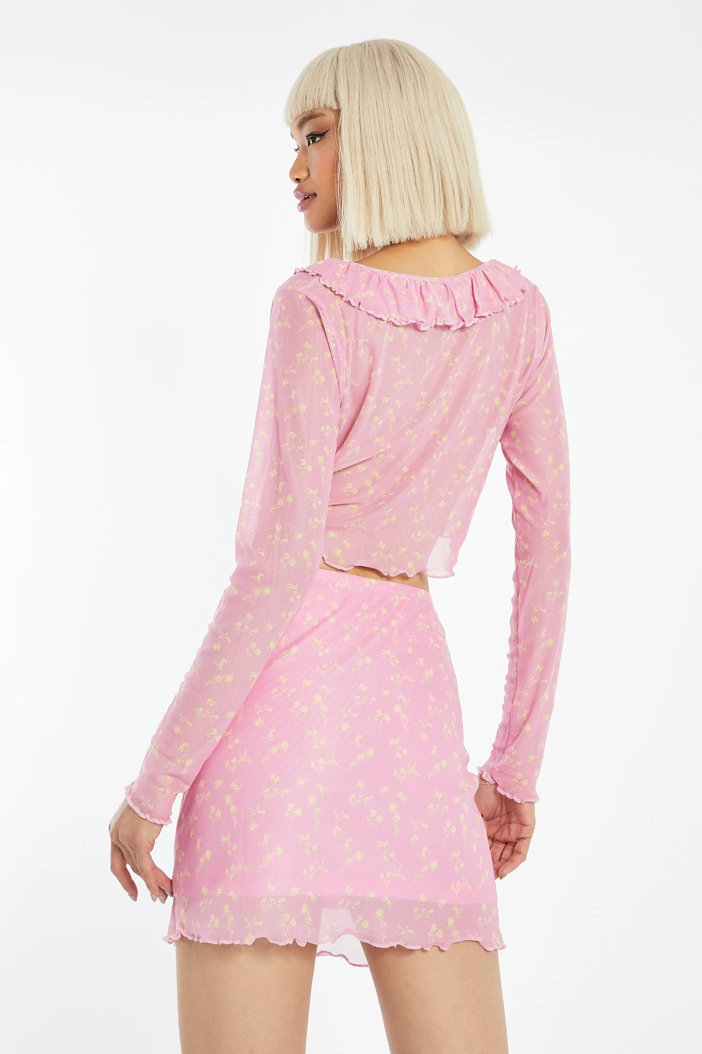 Candy-Pink Floral Mesh Lettuce Hem Mini-Skirt - Image 2