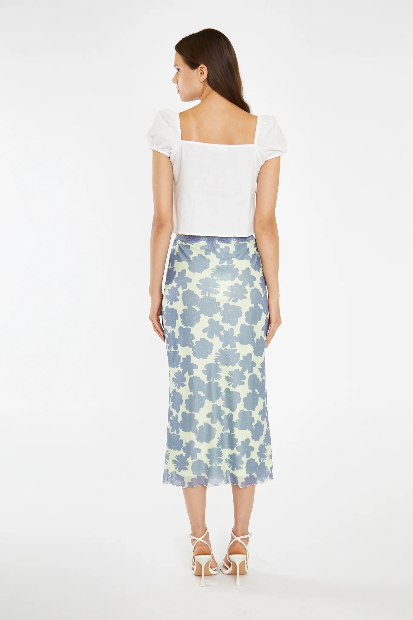 Blue-Green Floral Mesh Lace-Trim Midi-Skirt - Image 3