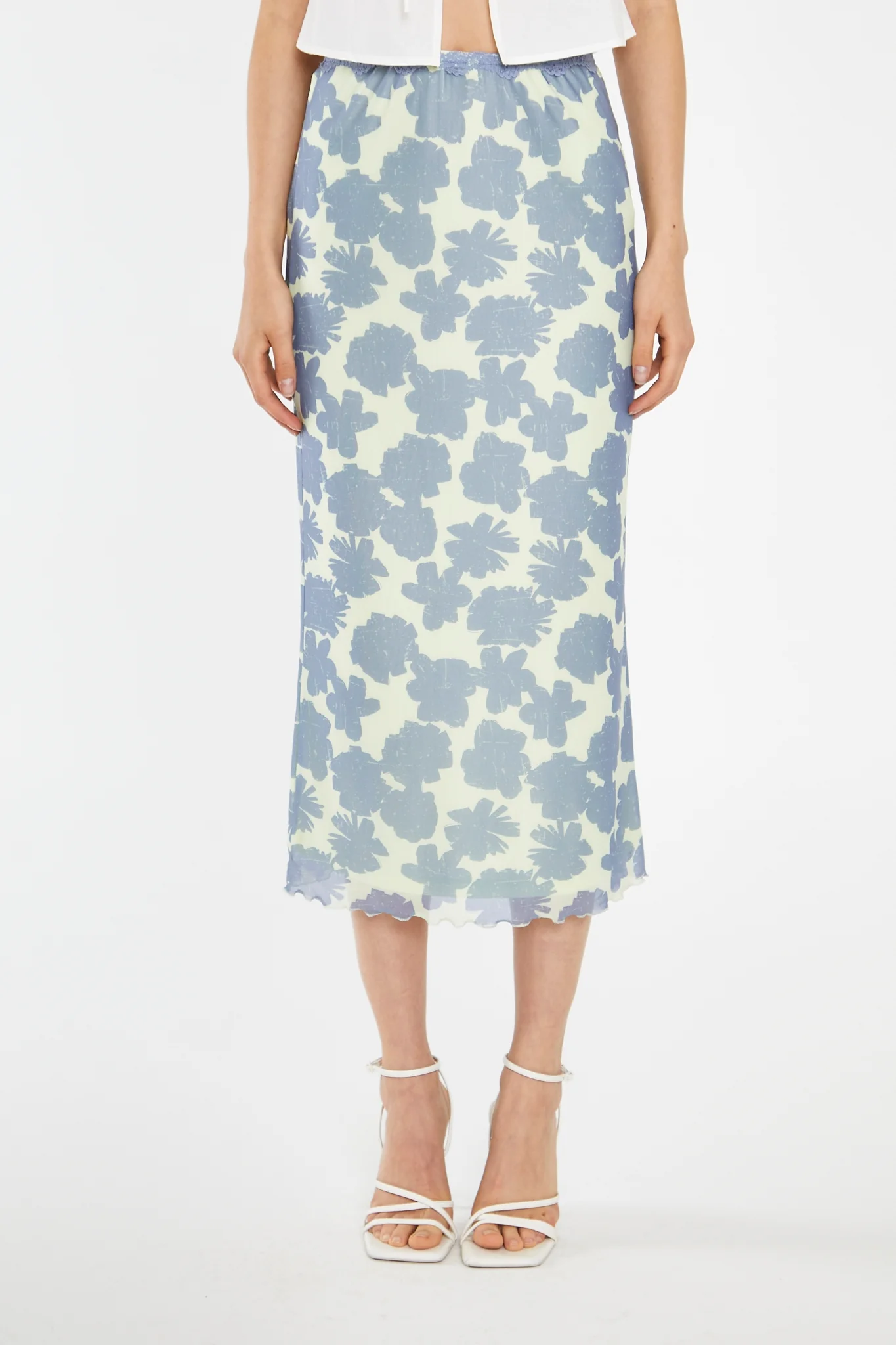 Blue-Green Floral Mesh Lace-Trim Midi-Skirt - Image 4