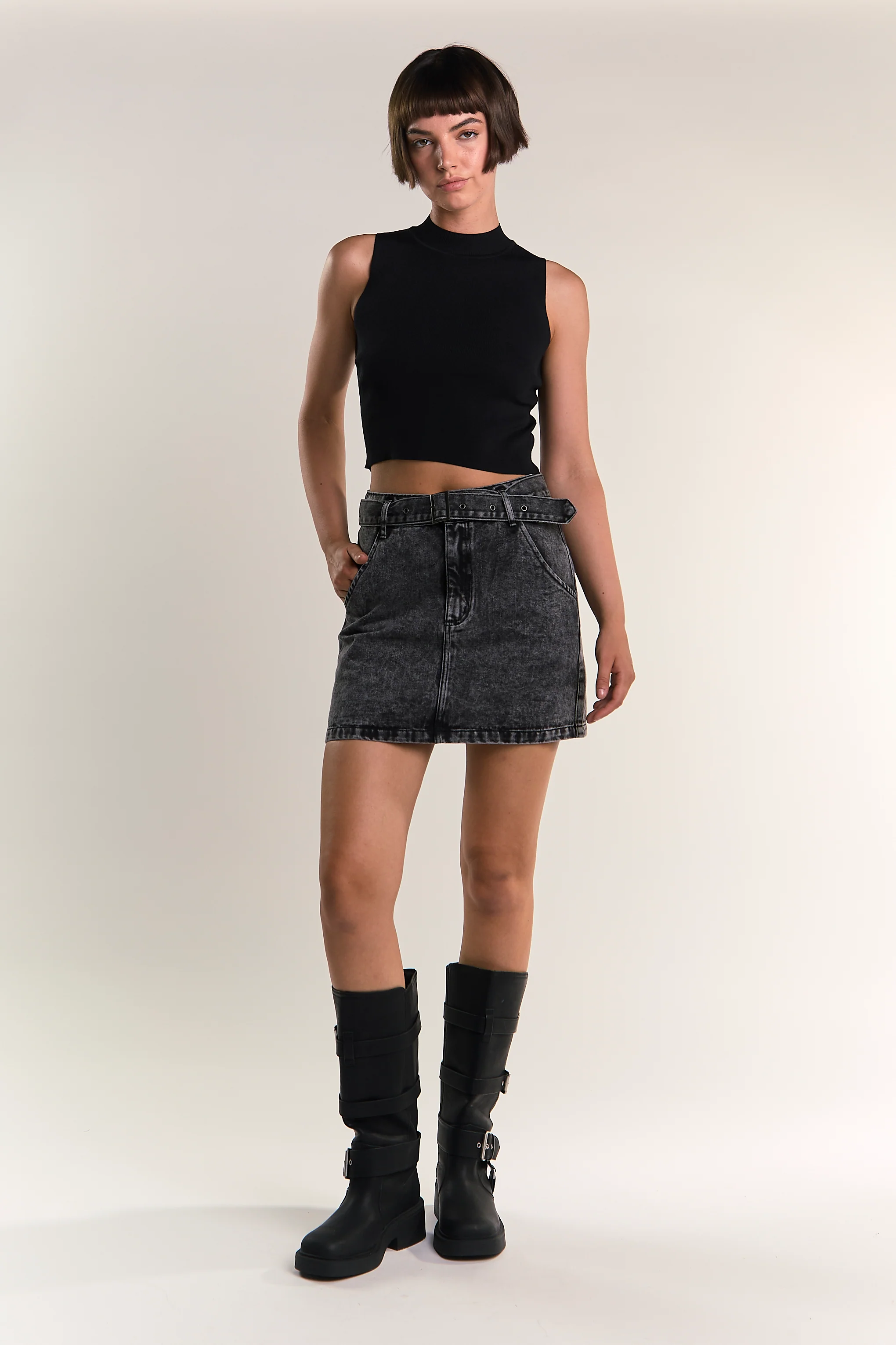 Black Acid Wash Denim Mini Skirt - Image 5