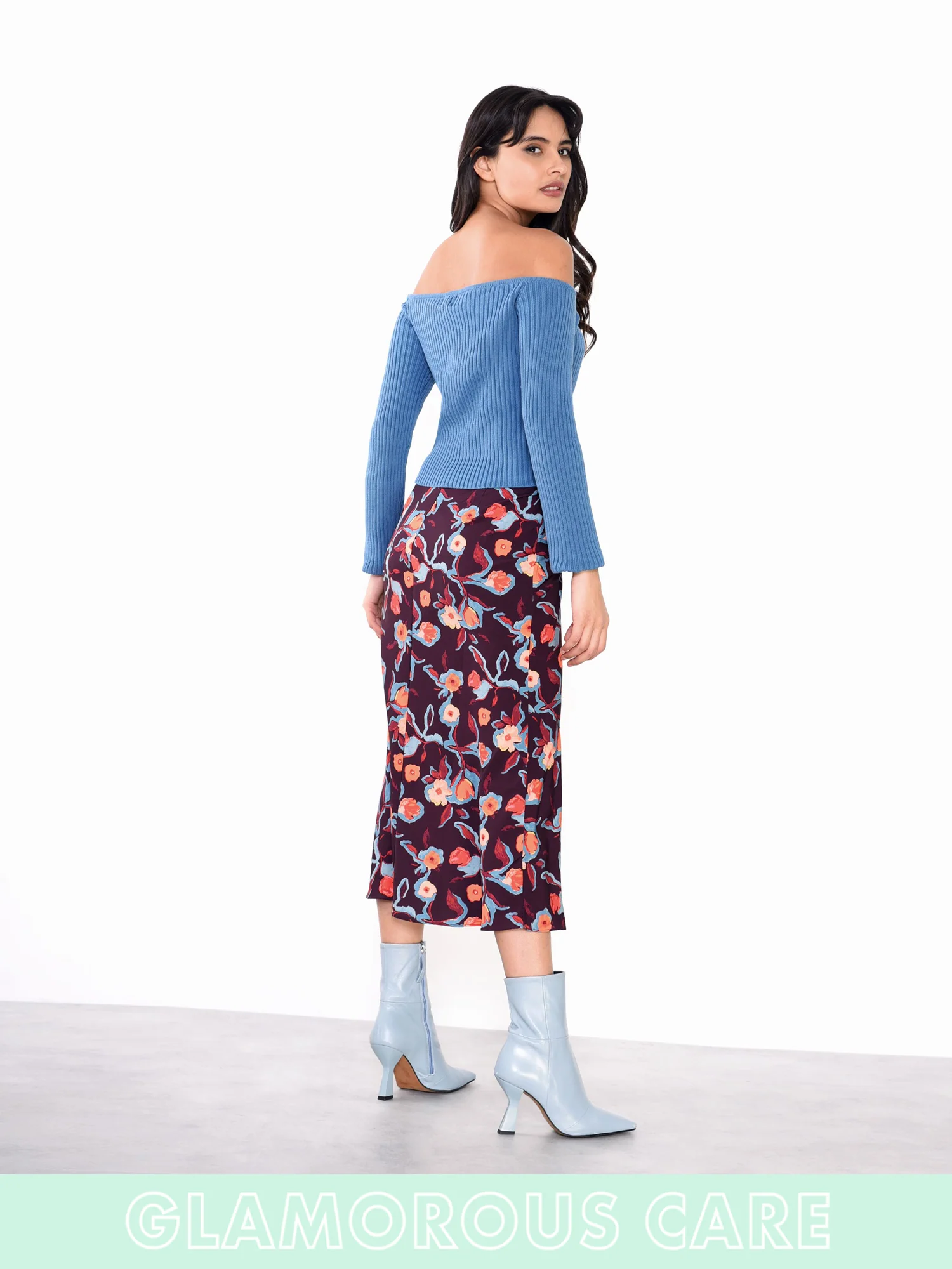 Glamorous Care Stone Blue Off The Shoulder Ribbed Crop Top - Image 5