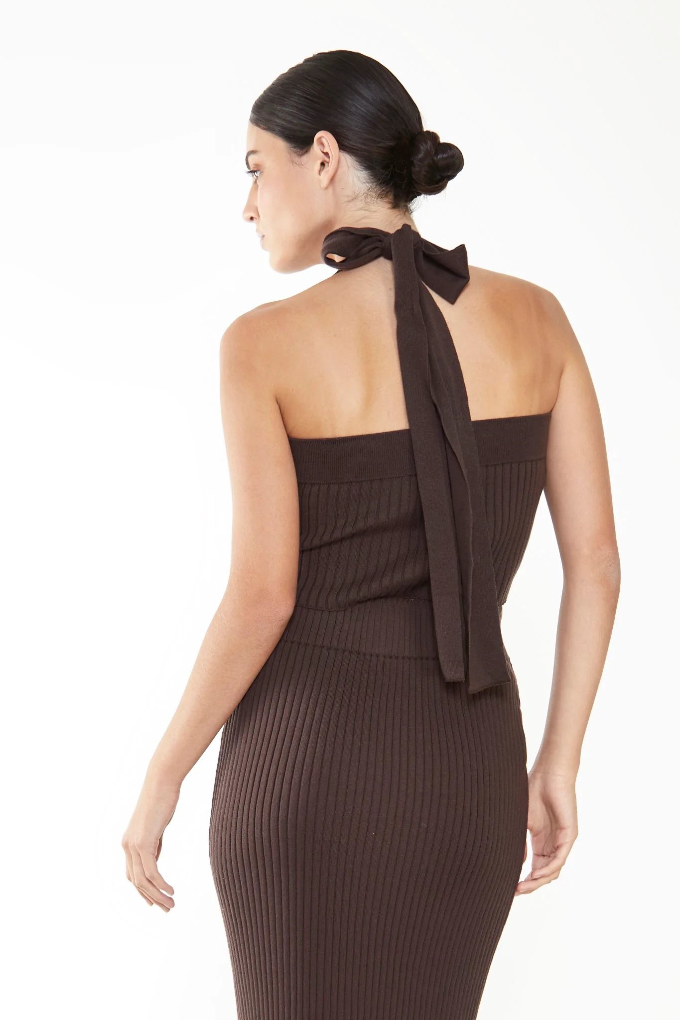 Glamorous Care Brown Ribbed Halter Neck Top - Image 2