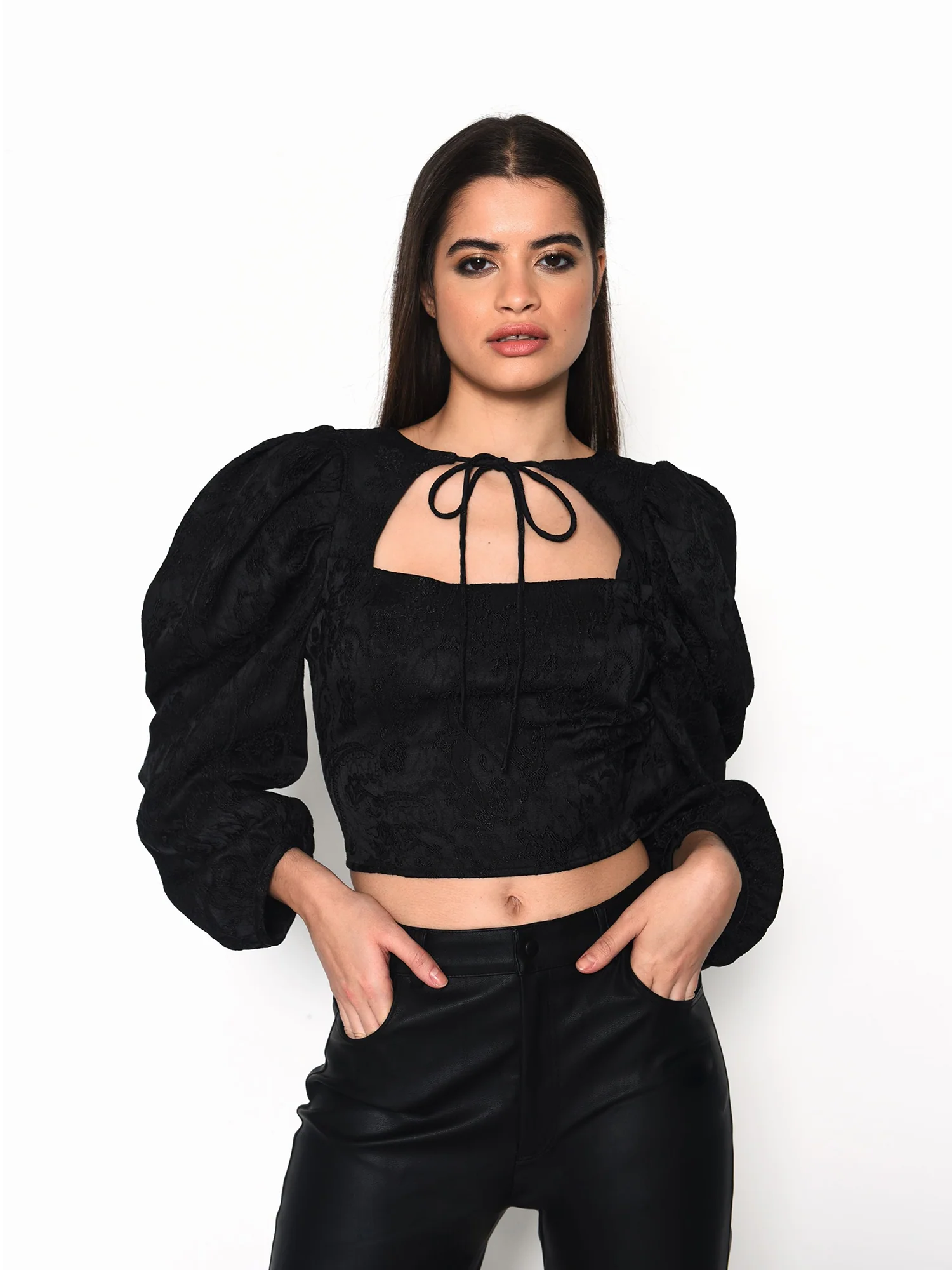 Glamorous Black Brocade Tie Neck Puff Sleeve Crop Top - Image 2