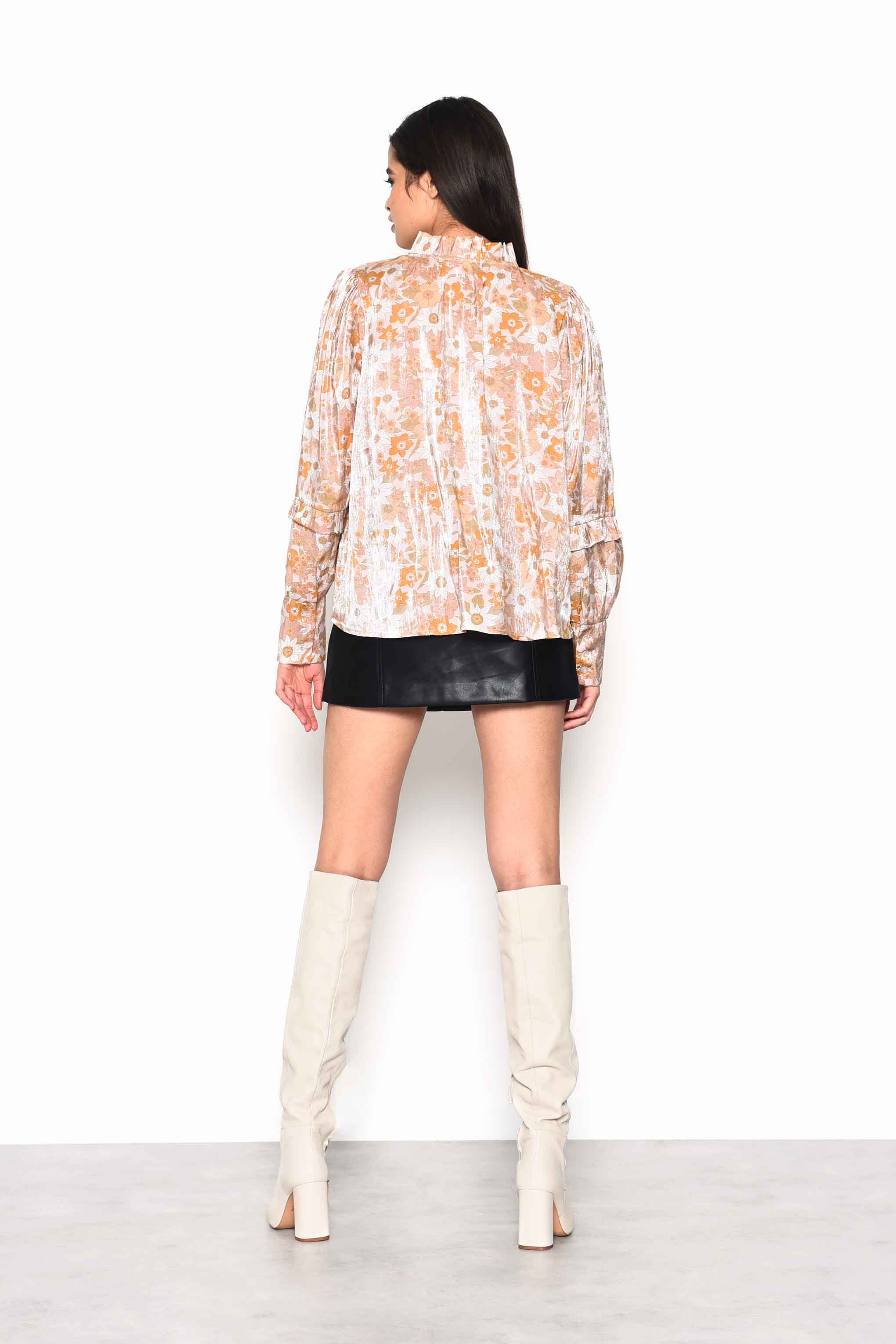 Glamorous Pink Gold Multi Floral Voluminous Fit Blouse with Neck & Sleeve Ruffle Detailing - Image 2