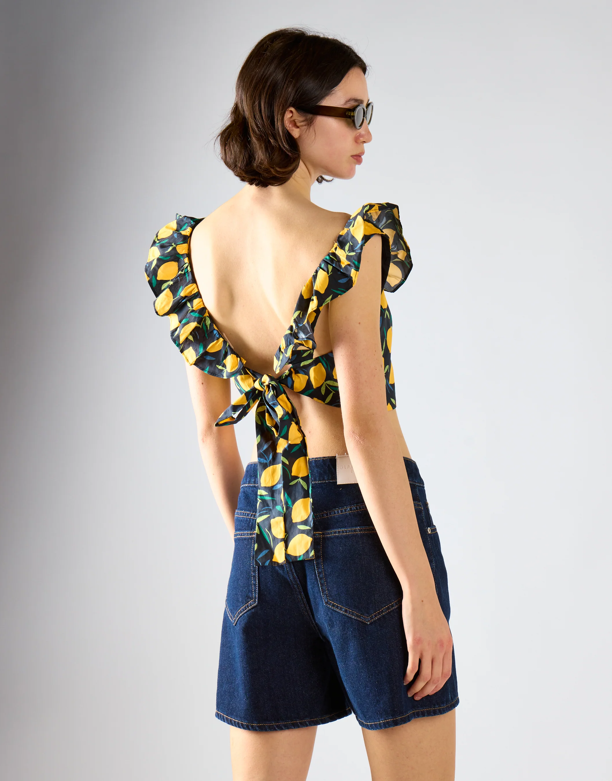 Lemon Print Square Neck Ruffle Crop Top - Image 2