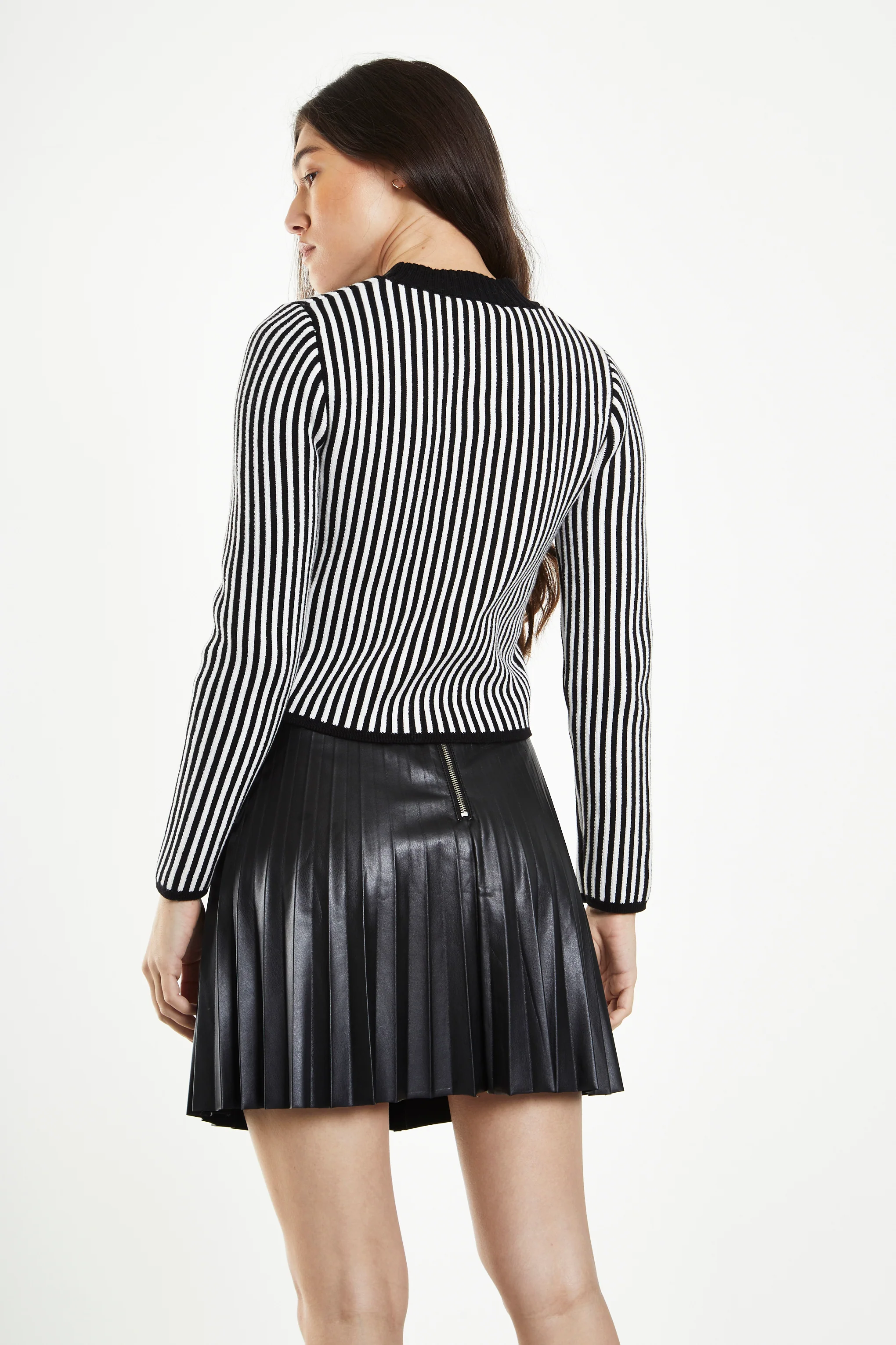 Glamorous Black White Stripe Skinny Fit Rib Knit long Sleeve Top - Image 2