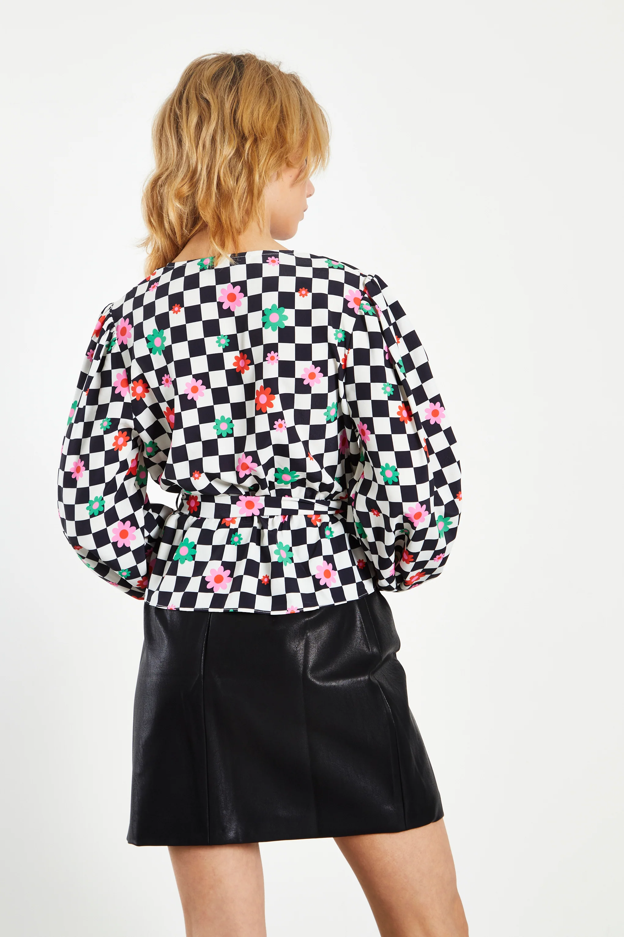 Glamorous Checkerboard Flower Wrap Blouse with Tie detail - Image 2