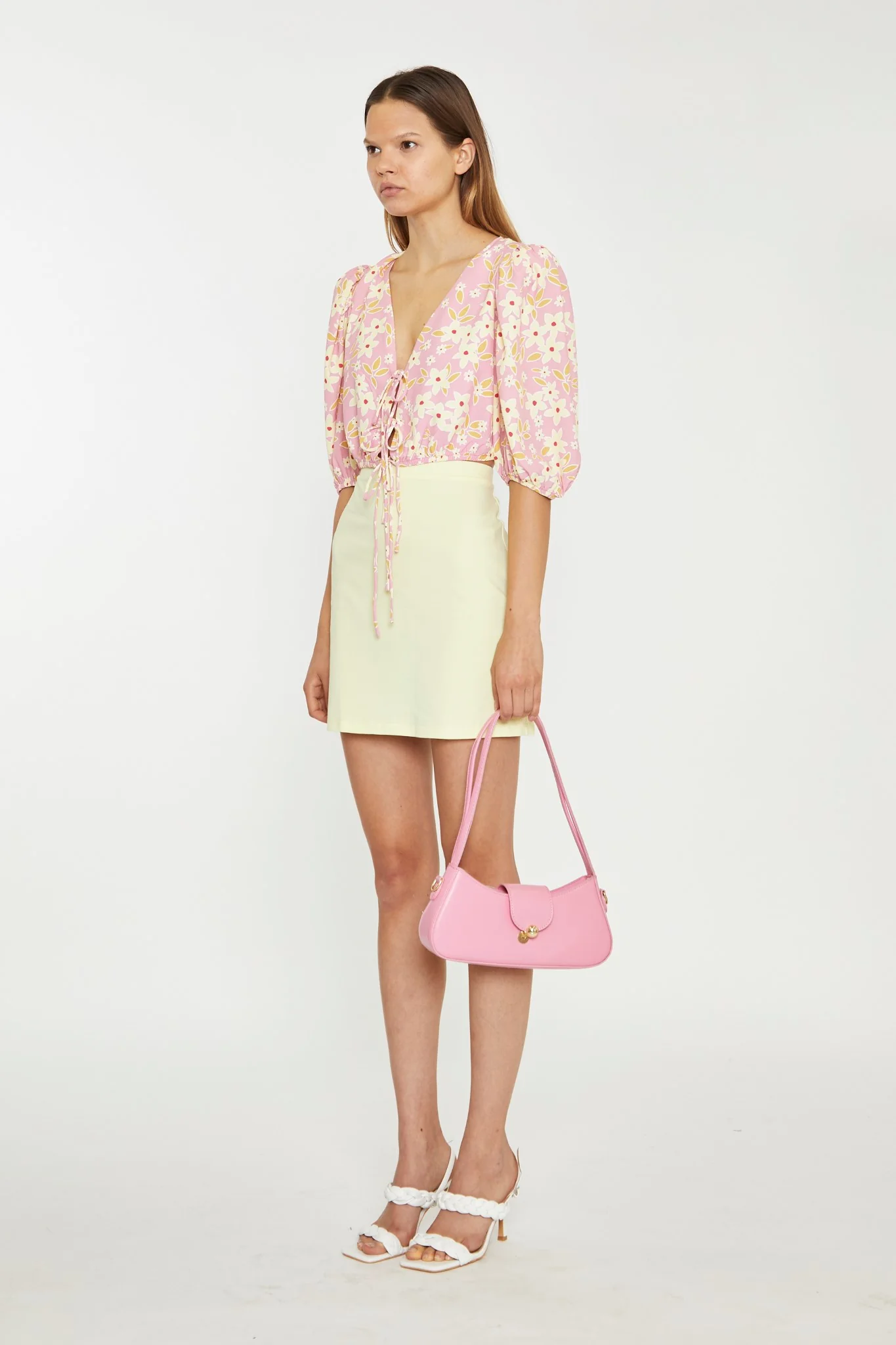 Pink-Olive-Yellow-Flower Tie-Front Crop Top - Image 4