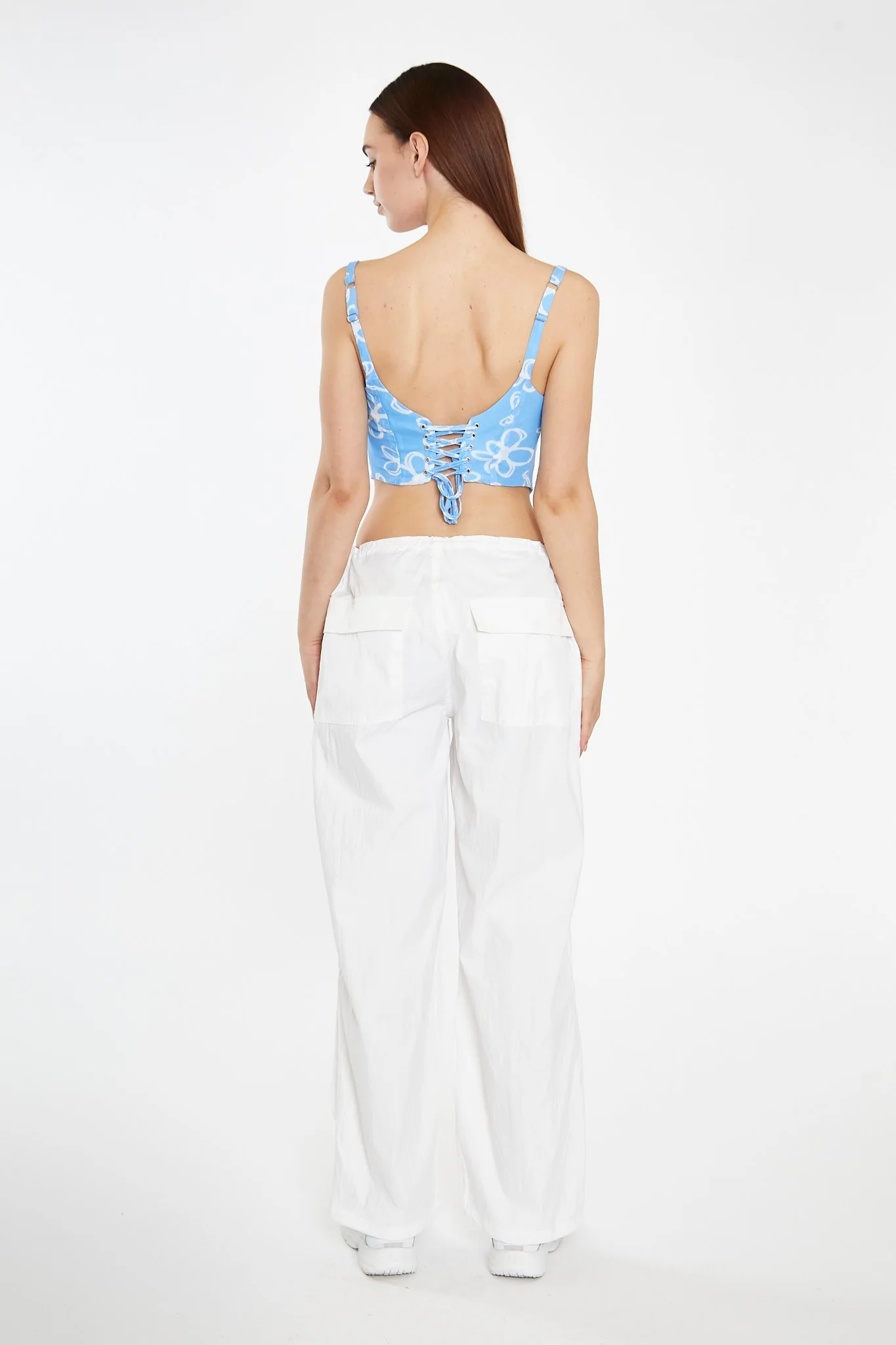 Blue Scribble Daisy Mesh Lace-Up Corset Top - Image 2
