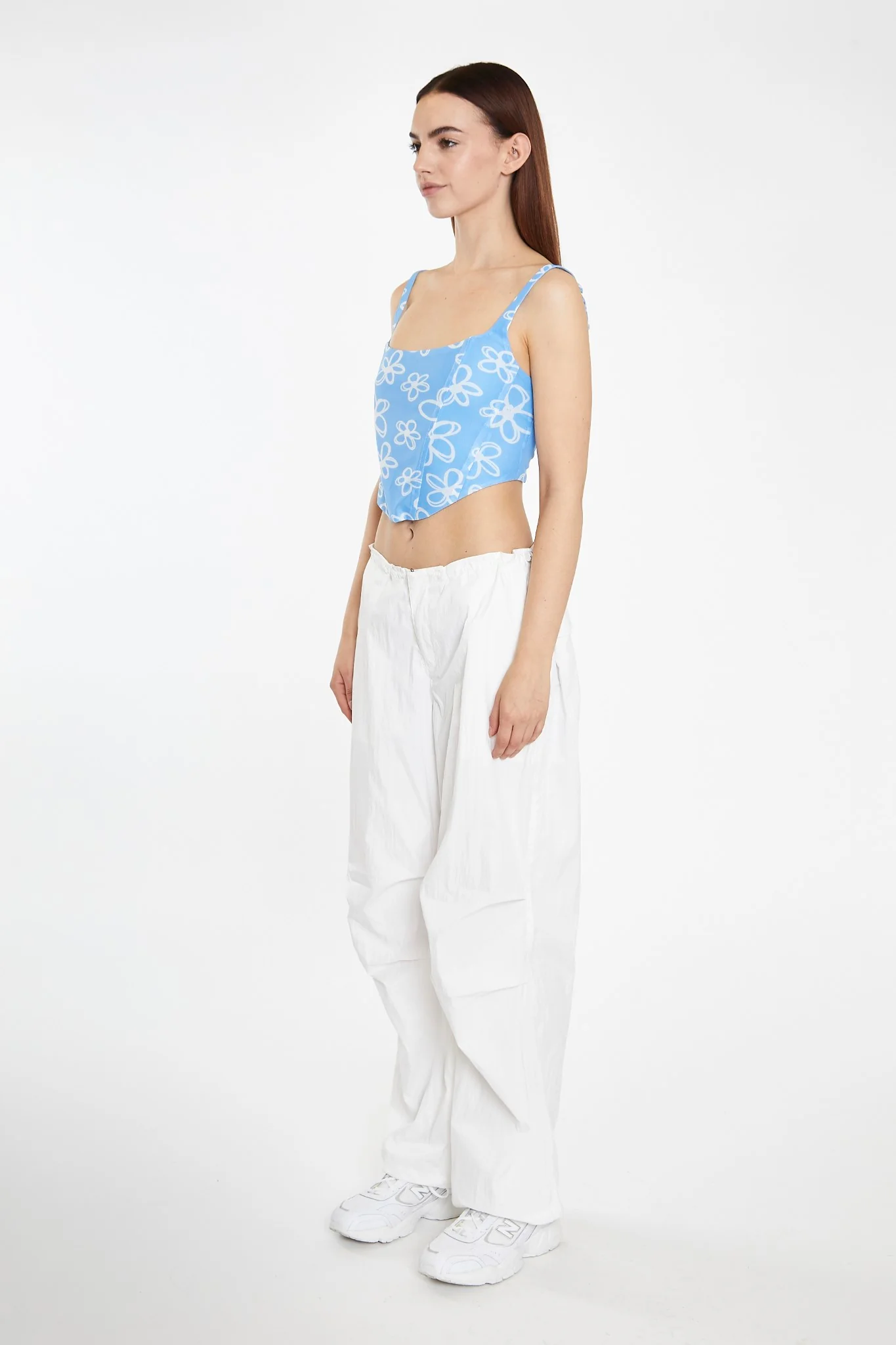Blue Scribble Daisy Mesh Lace-Up Corset Top - Image 4