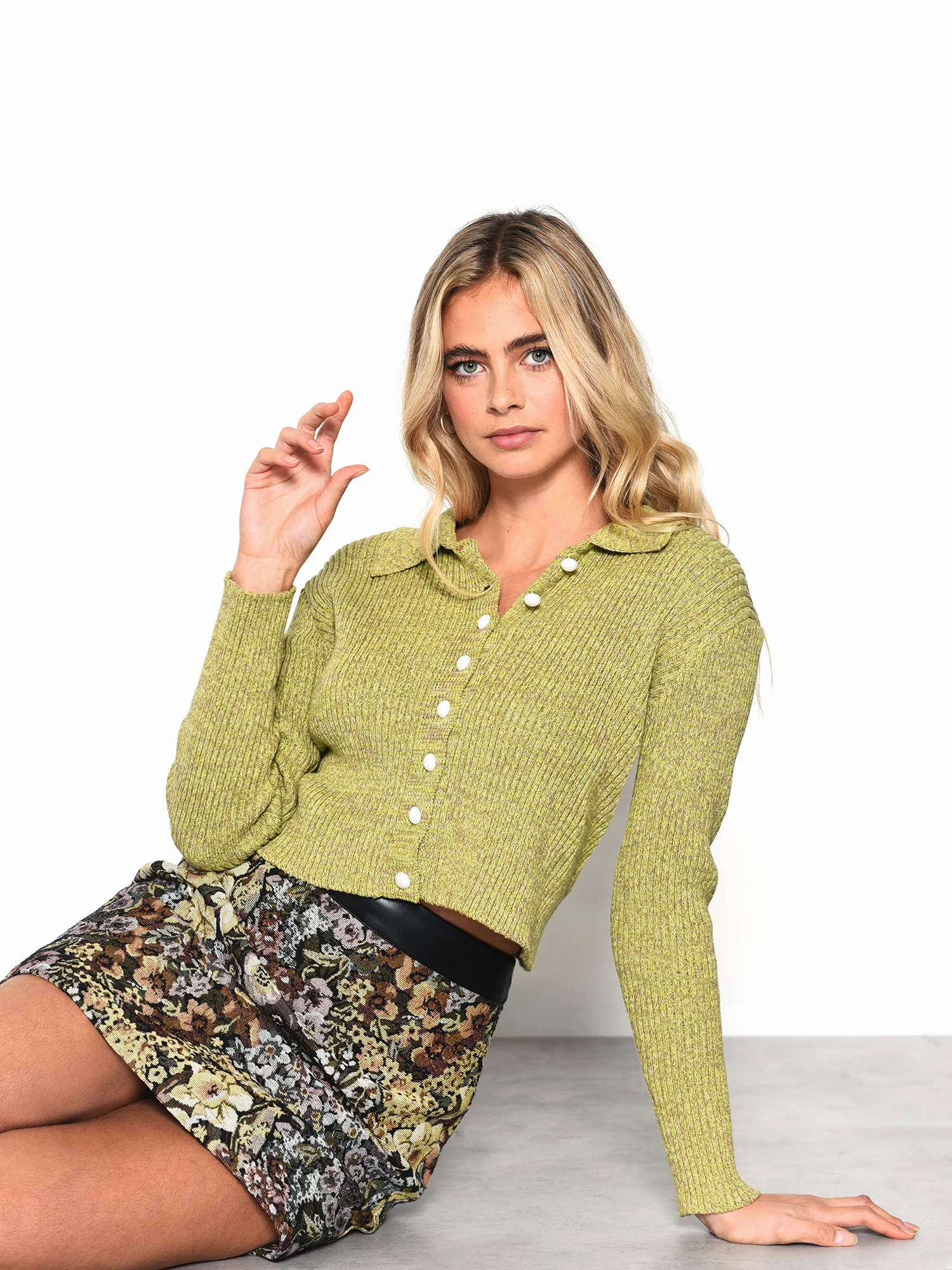 Glamorous Green Mauve Melange Button Front Collar Long Sleeve Shirt - Image 2