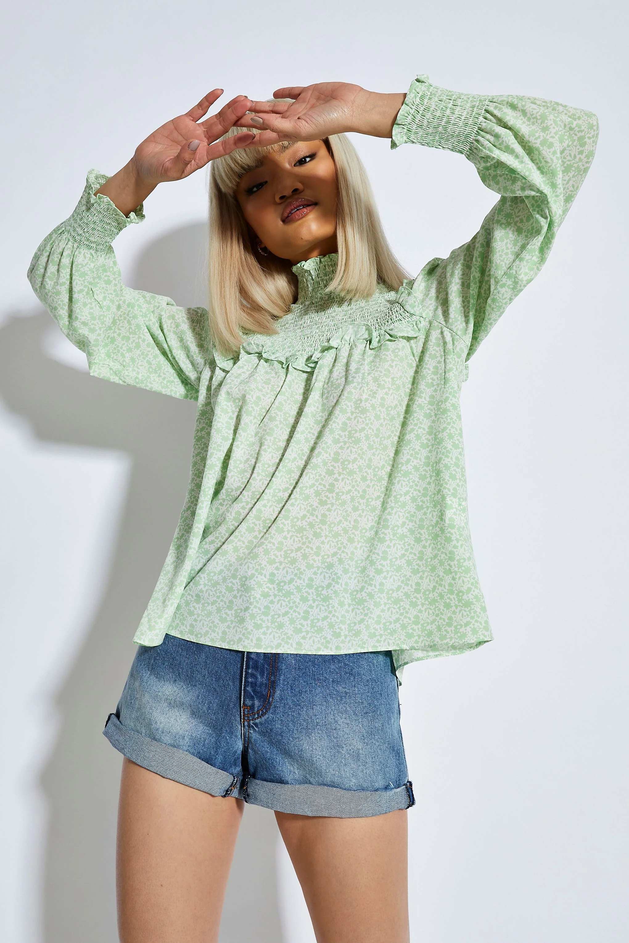 Glamorous White Mint Ditsy High Neck Blouse - Image 2