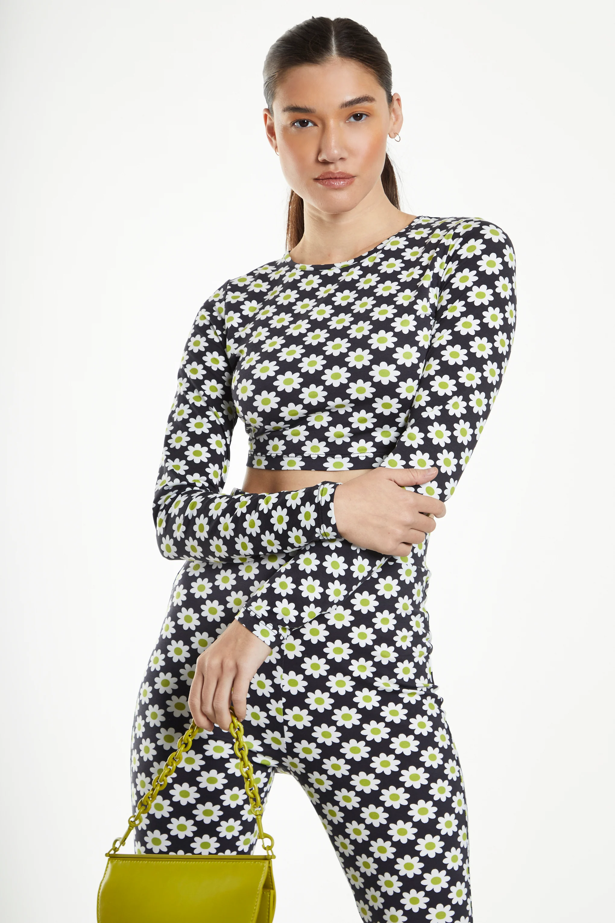 Glamorous Sixties Flower Jersey Long Sleeve Open Back Crop Top - Image 3