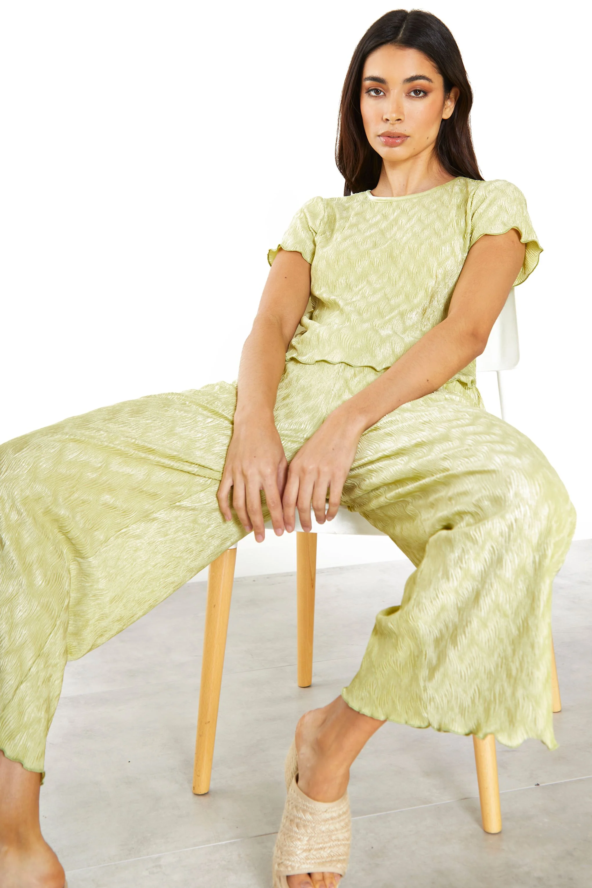 Glamorous Green Plisse Lettuce Hem Relaxed Trousers