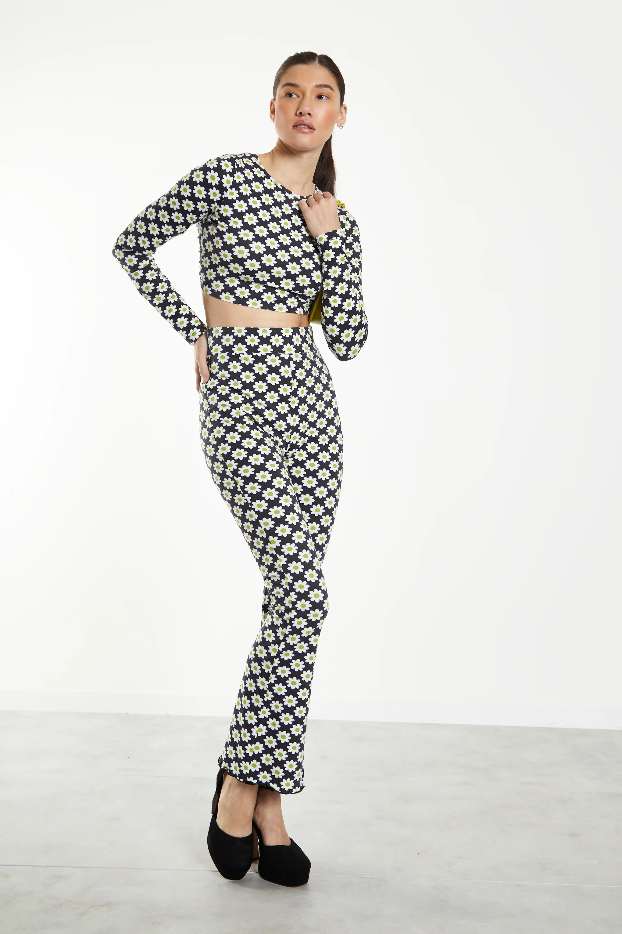Glamorous Sixties Flower Jersey High Waisted Flared Trousers - Image 3