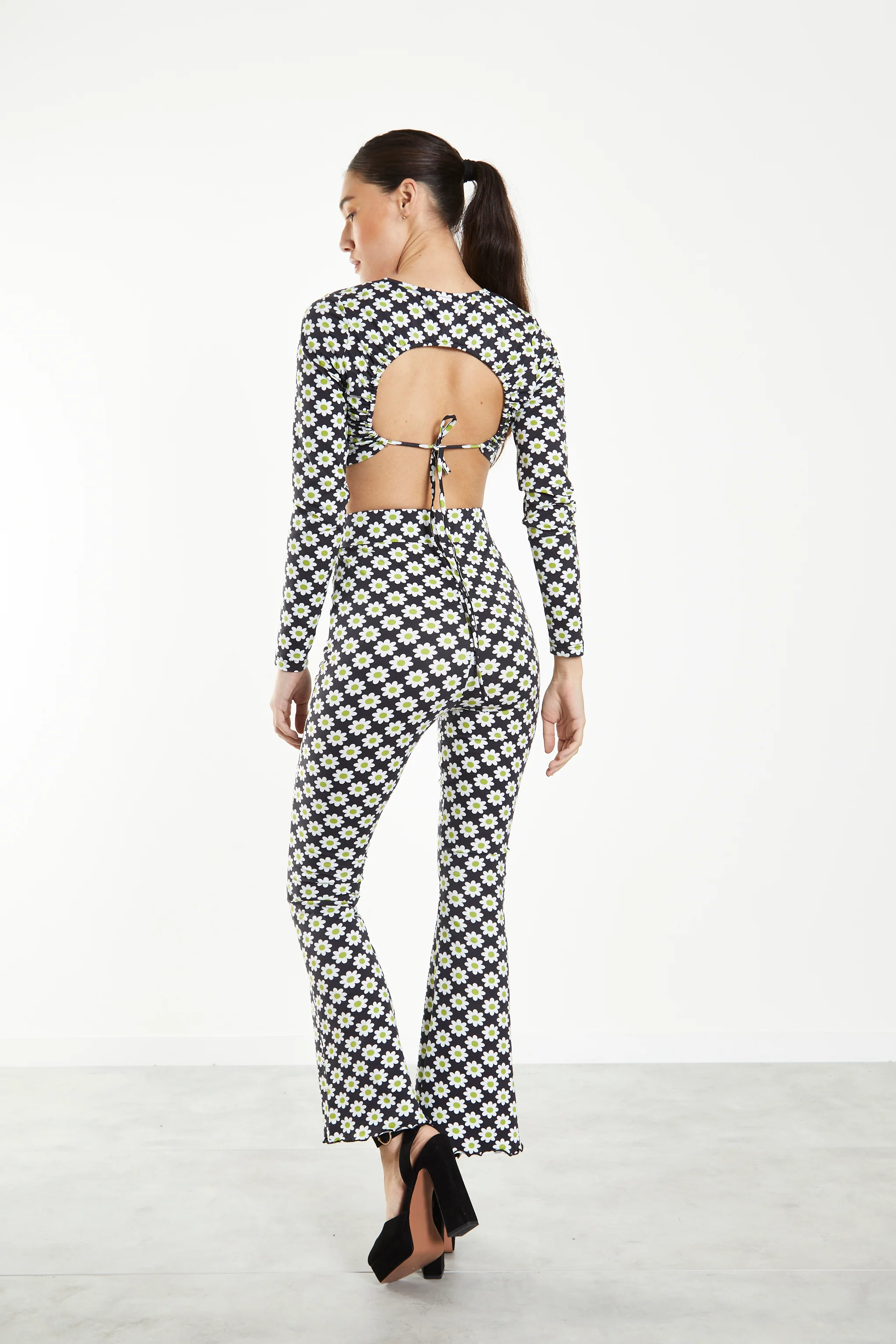 Glamorous Sixties Flower Jersey High Waisted Flared Trousers - Image 4