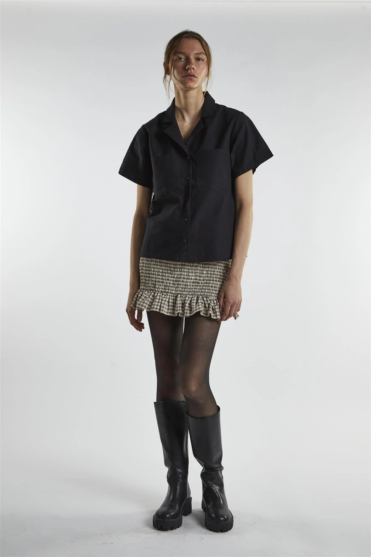 Lapel Collar Short Sleeves Shirt - Black
