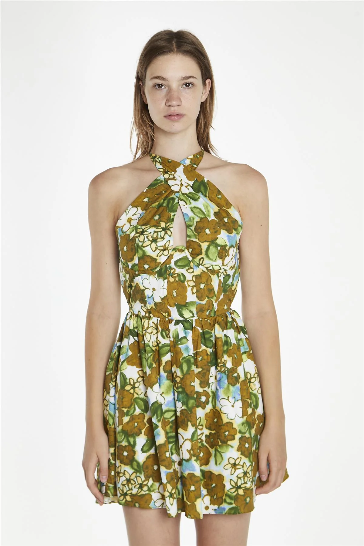 Large-Brown-Green-Floral Cross-Over-Halter-Neck Mini-Dress - Image 3
