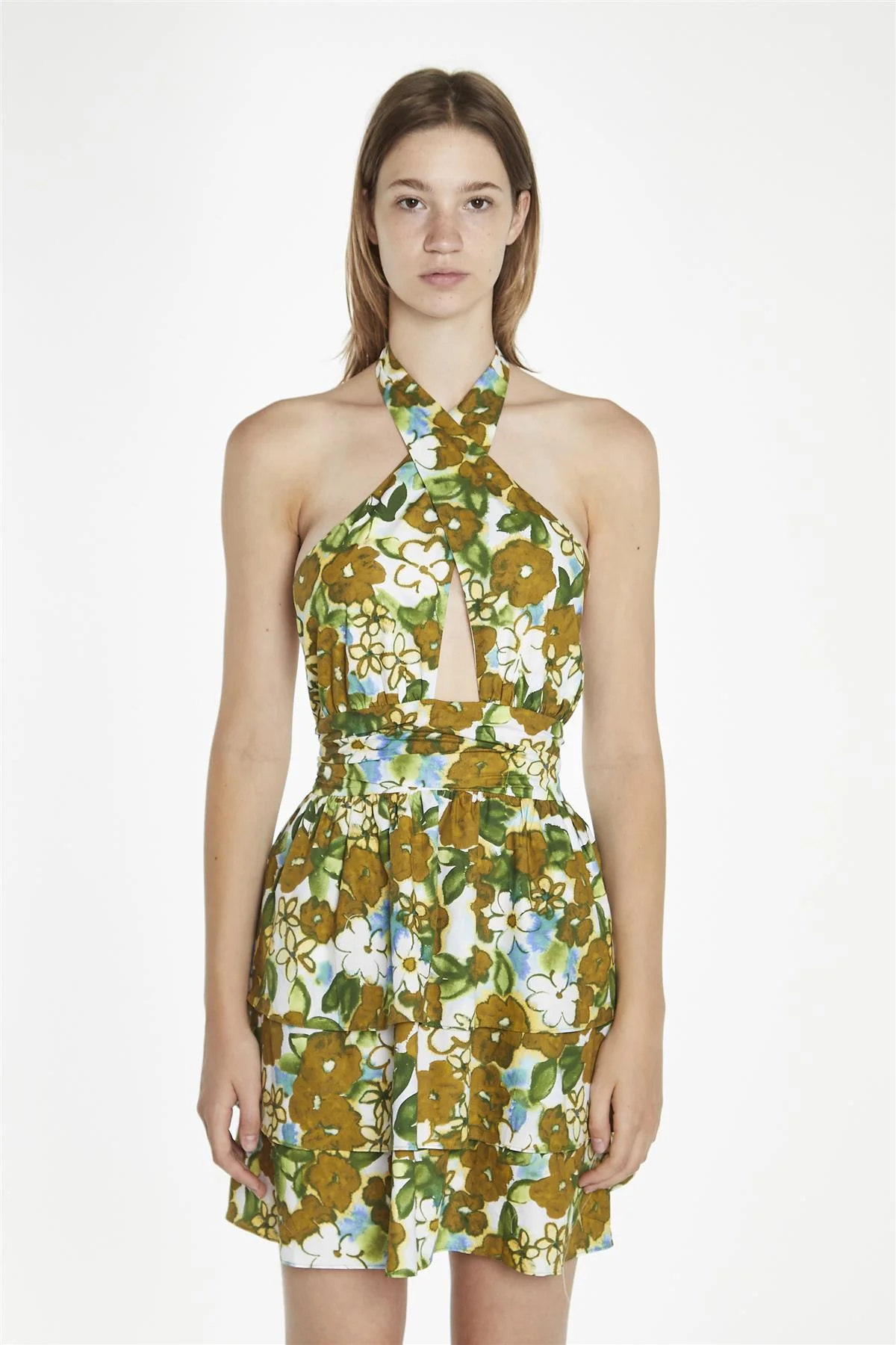Large-Brown-Green-Floral Crossover-Halter-Neck-Rara- Mini-Dress - Image 3