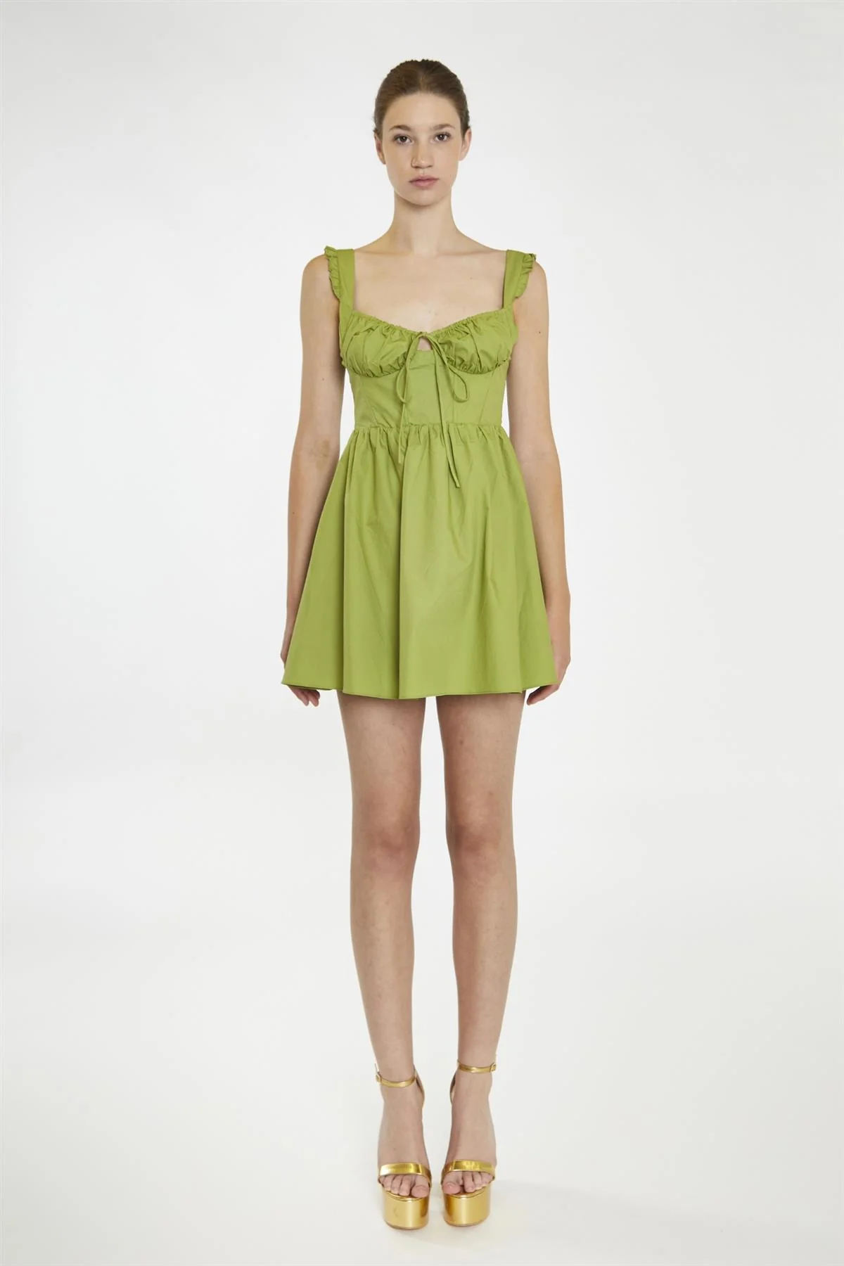 Leaf-Green Gathered-Bust Mini-Dress