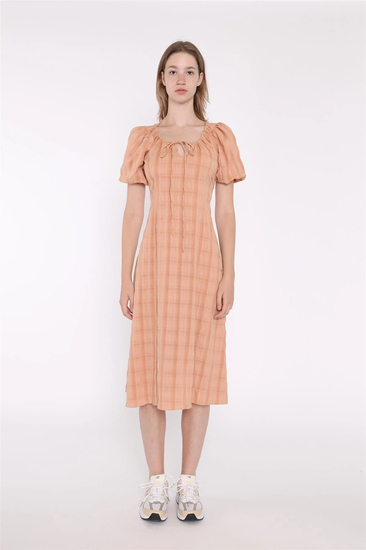 Light Apricot Check Short Sleeve Dress