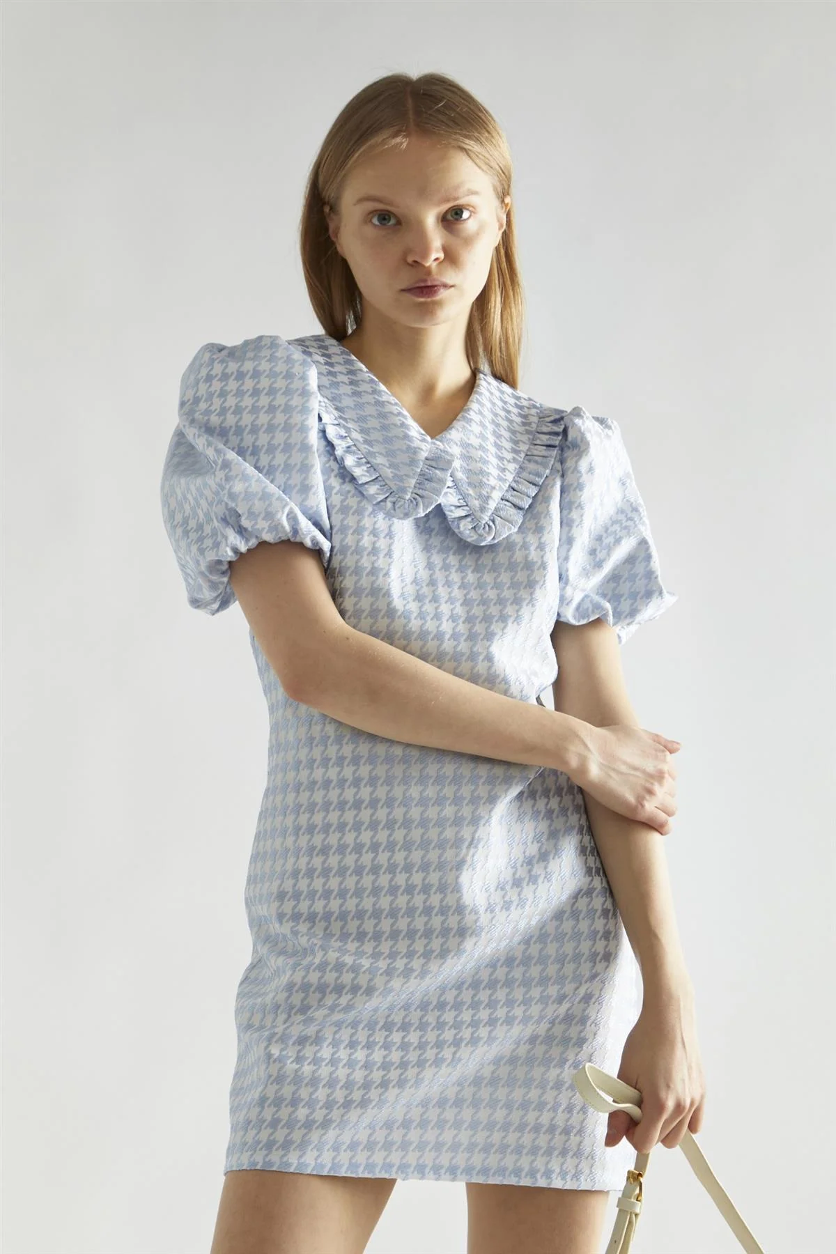 Light-Blue Houndstooth Statement-Collar Mini-Dress - Image 3