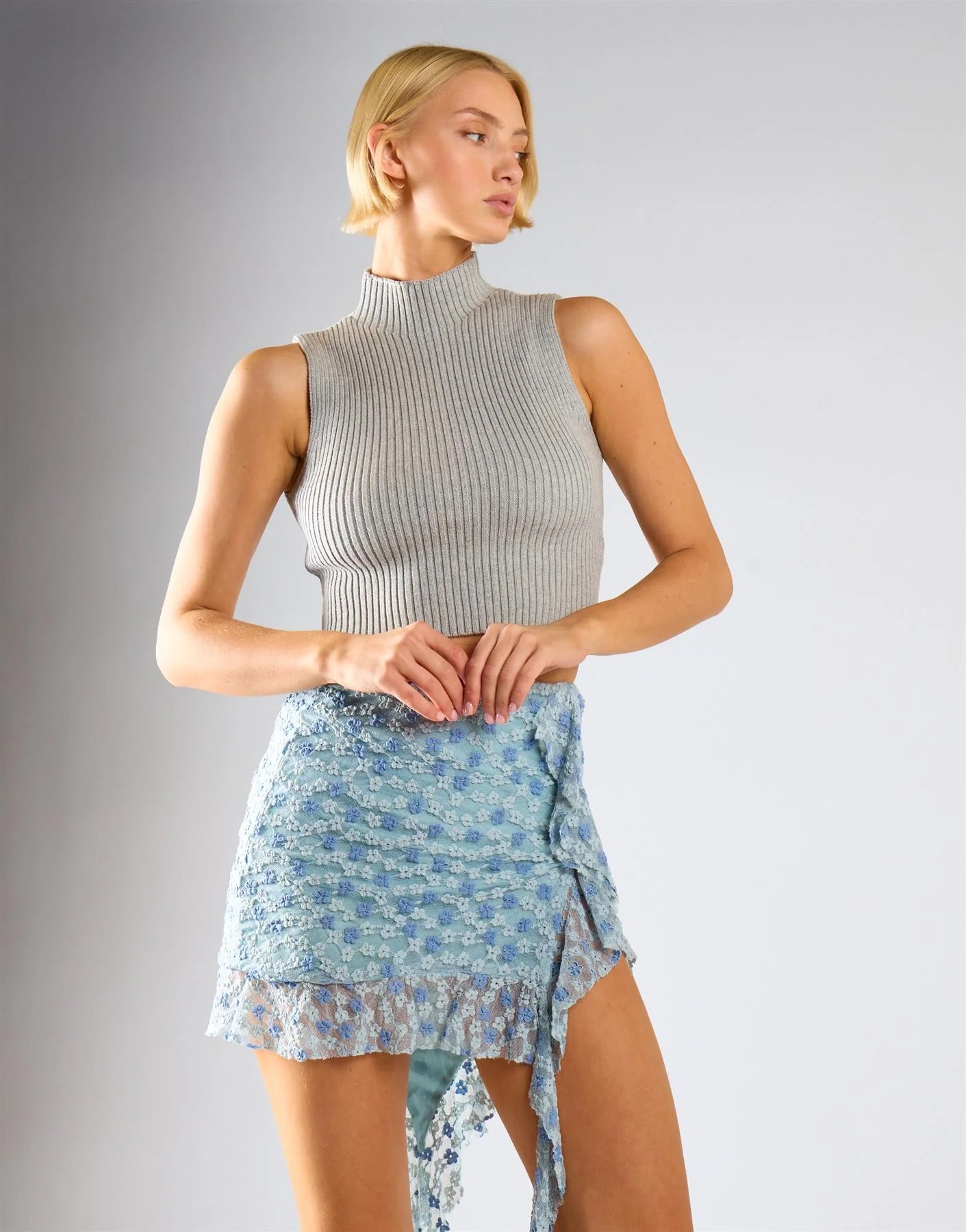 Light Blue Lace Mini Skirt With Frills - Image 4