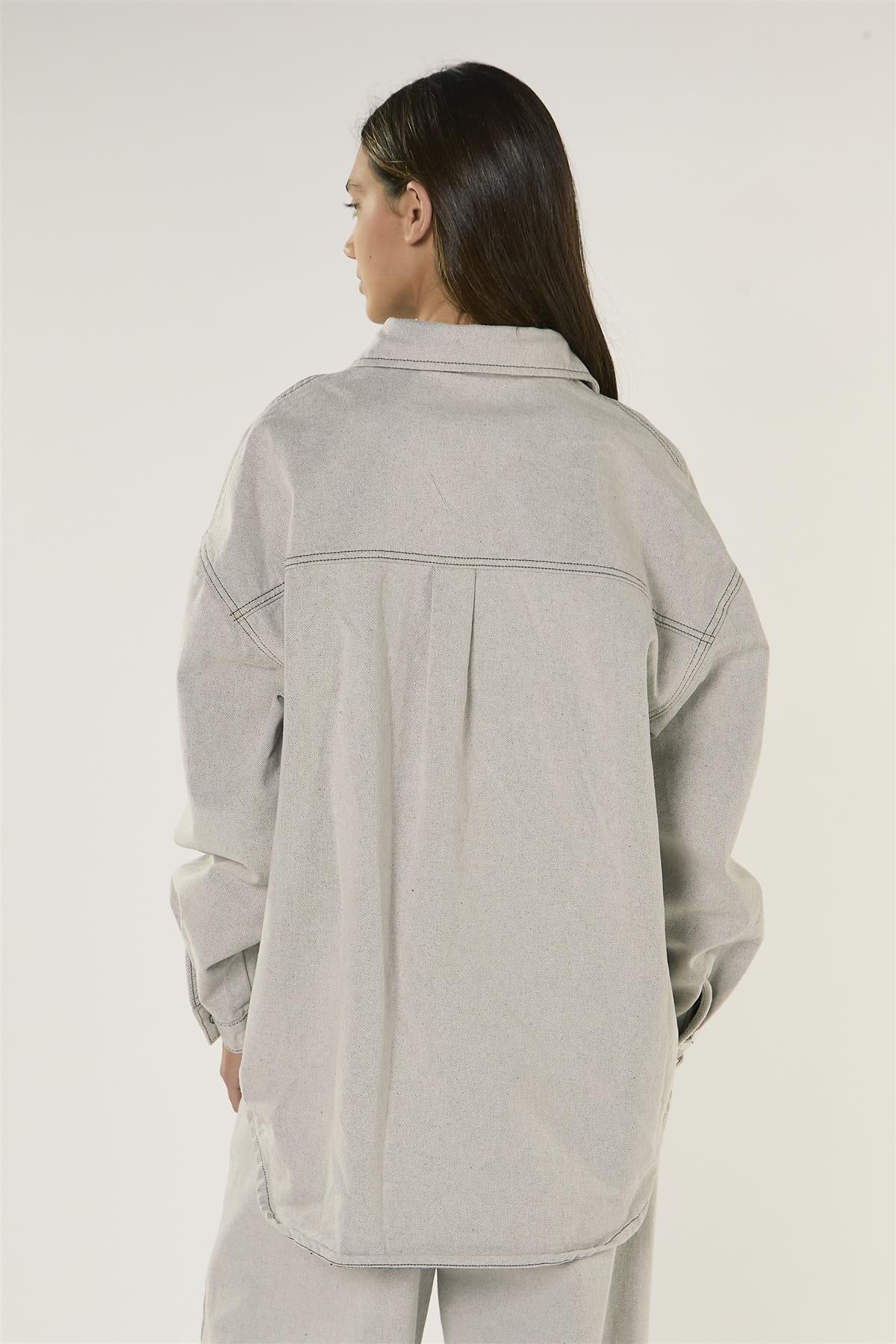 Light Grey Long Sleeve Denim Shirt with Snap On Buttons - Image 4