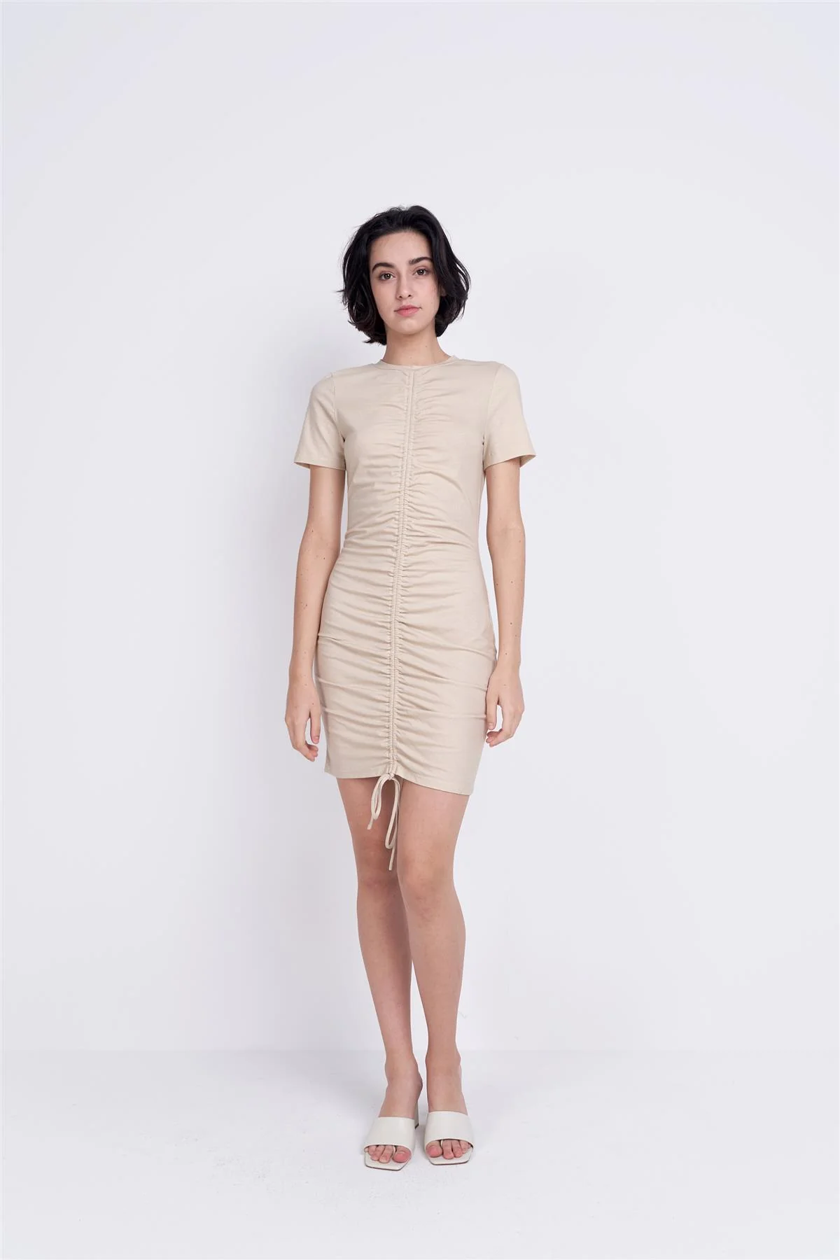 Light-Stone Round-Neck-Short-Sleeves Mini-Dresses - Image 3