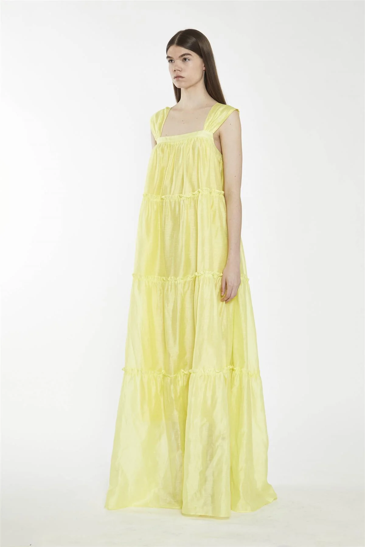 Lime Yellow Square-Neck Tiered Maxi-Dress - Image 3