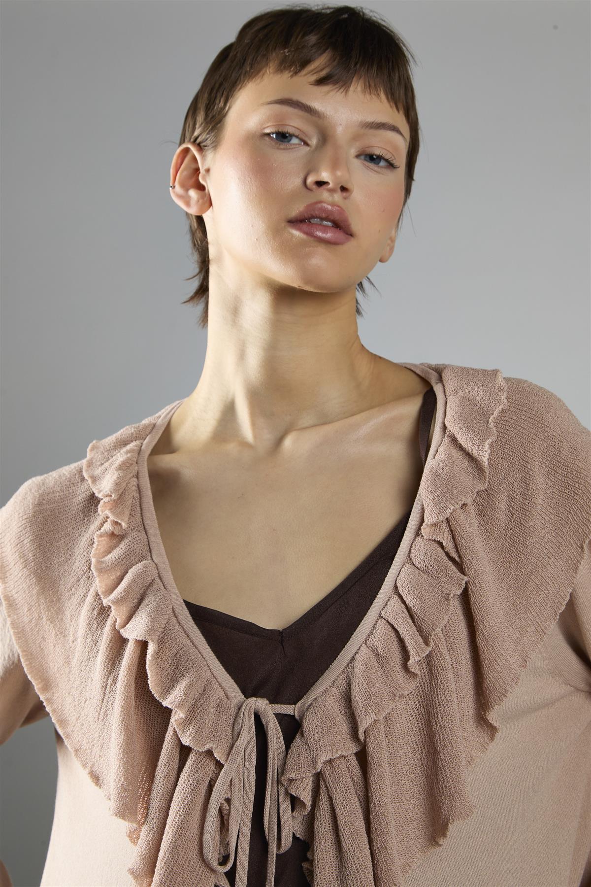Long Ruffle Cardigan - Beige - Image 4