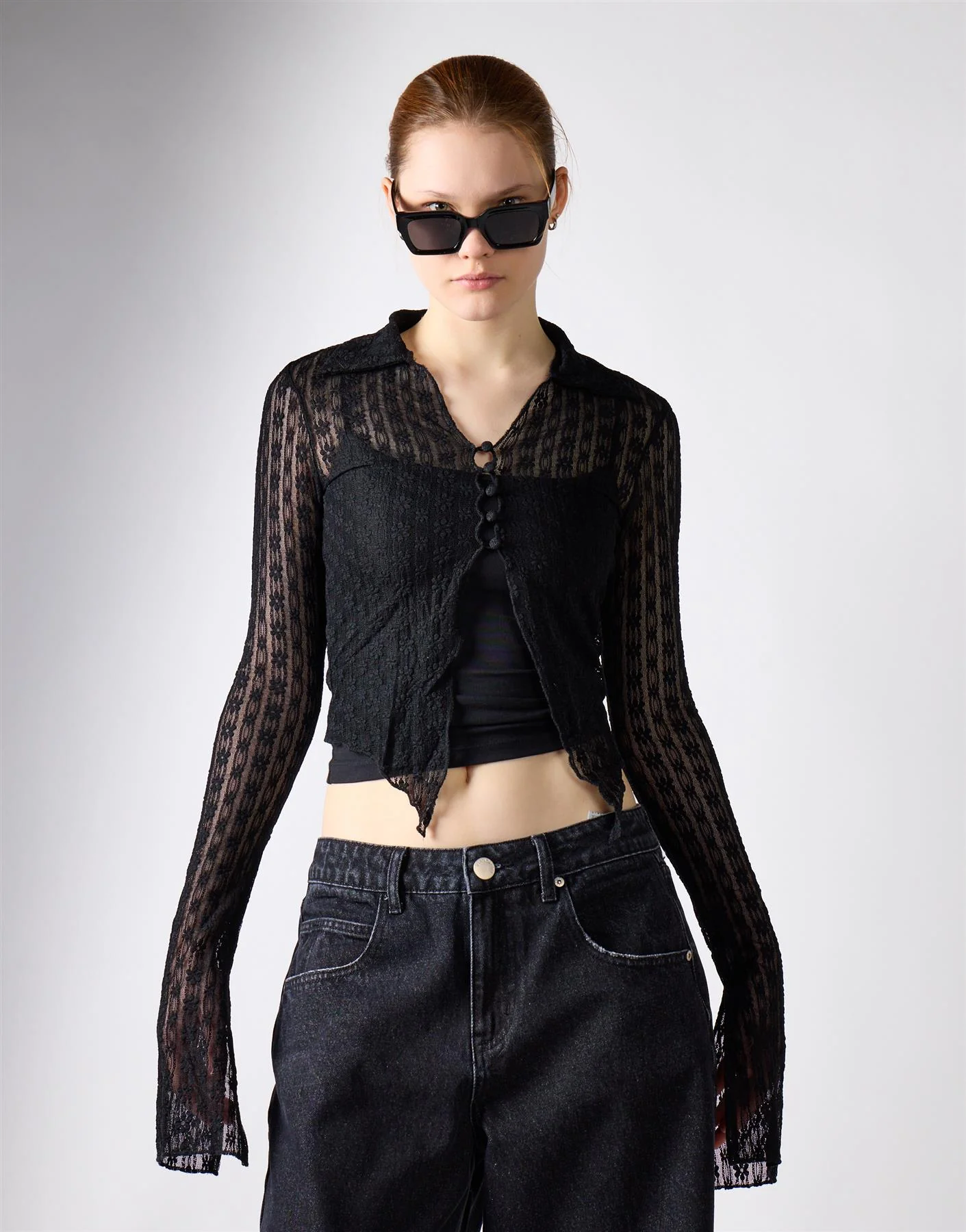 Black Lace Long Sleeve Collar Top - Image 4
