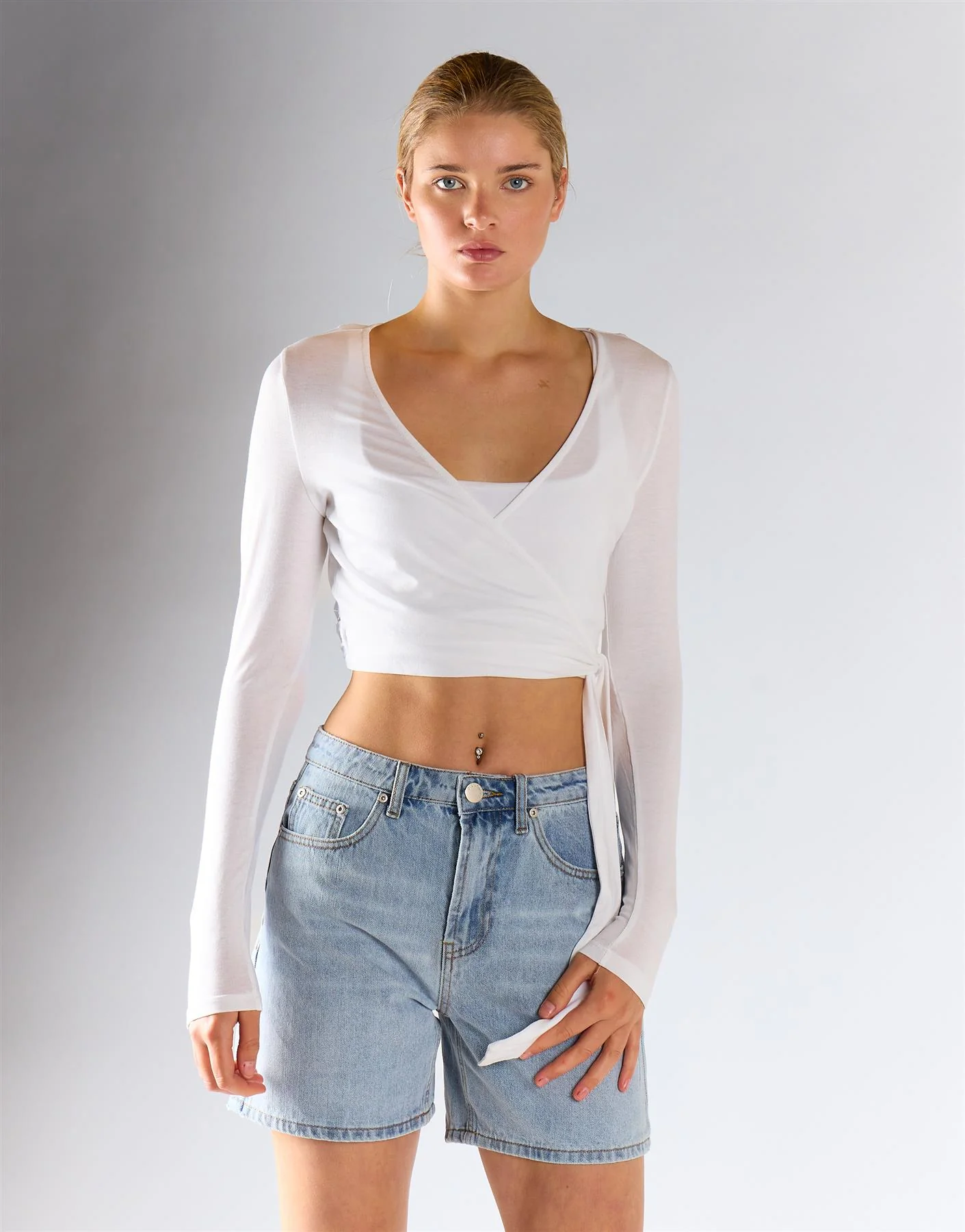 Long Sleeve Cropped Top - Cream - Image 3