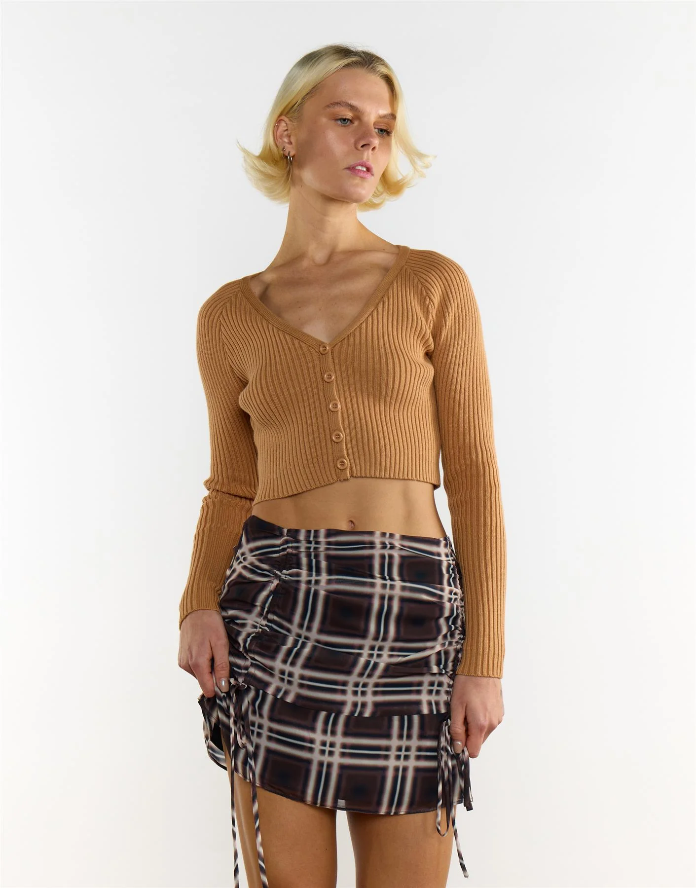 Mahogany Brown Check Ruffle Mini Skirt - Image 2