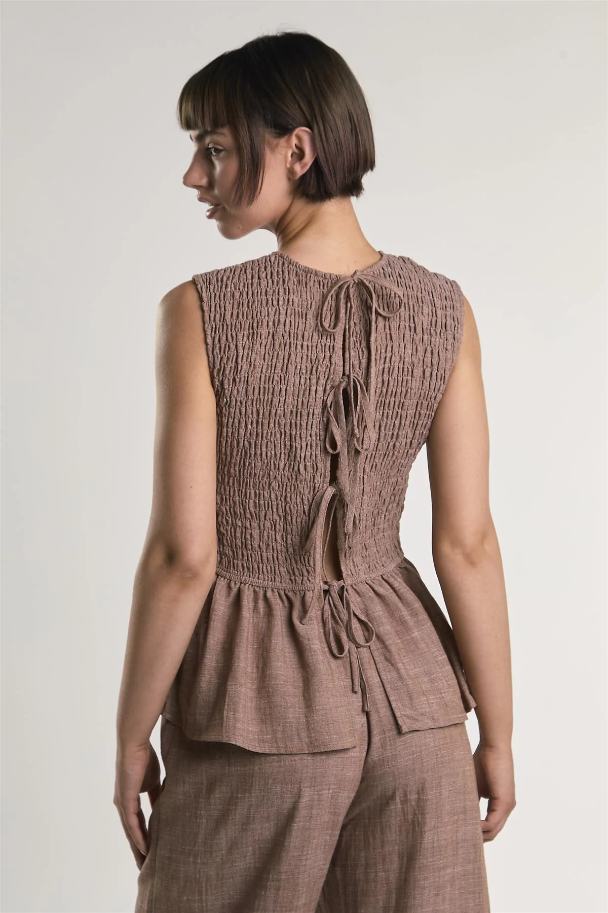 Mid Brown Fleck Smocked Peplum Top - Image 3