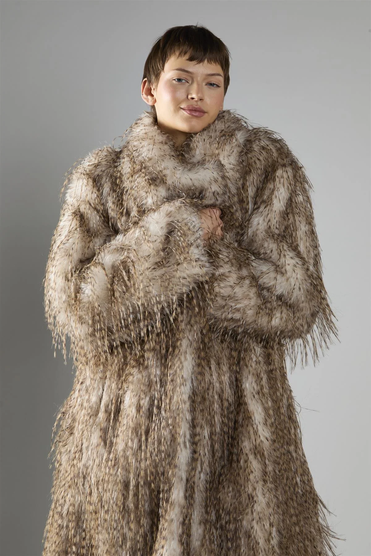 Faux Fur Midi Coat - Feather Fur - Image 3