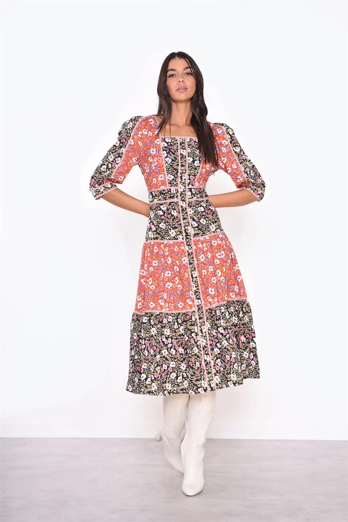 Mixed-Folk Poplin Square-Neck Midi-Dress - Image 3