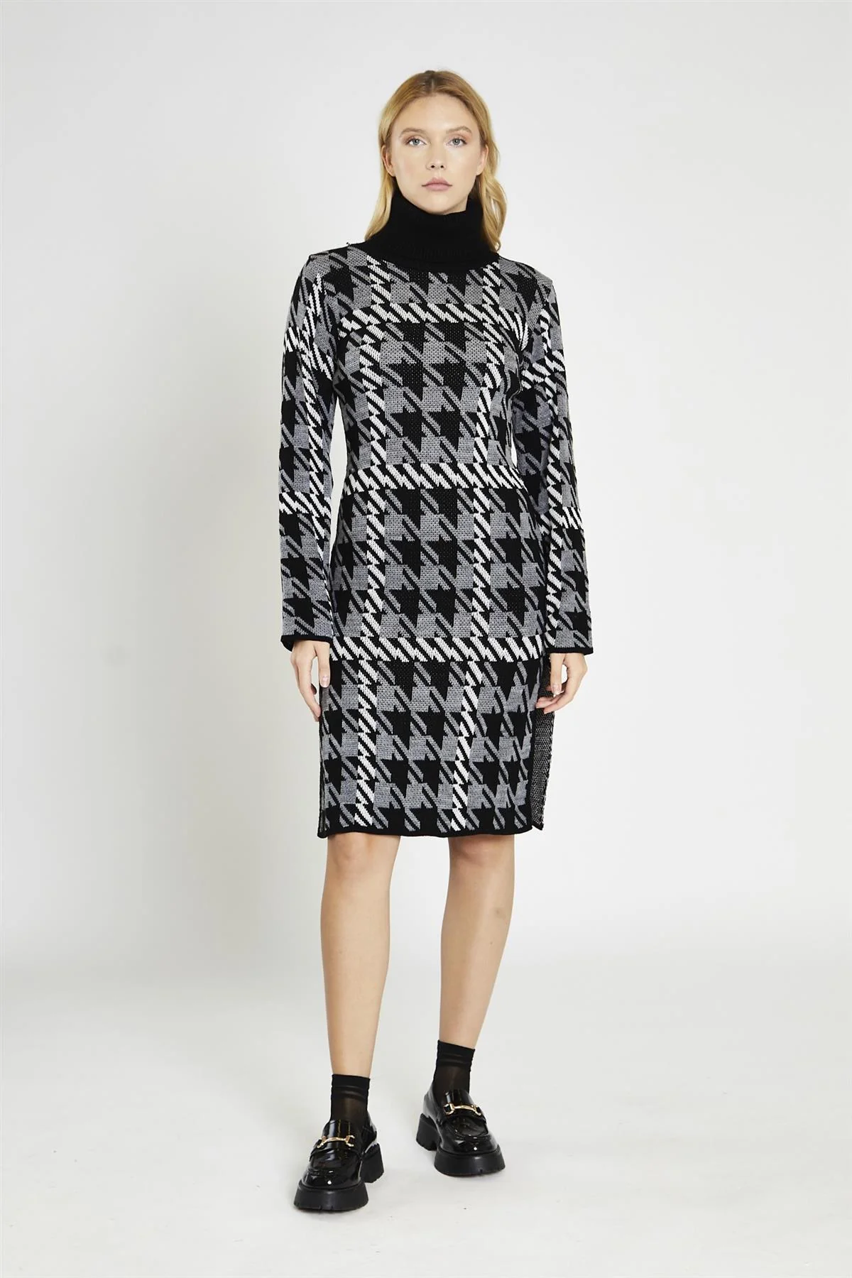 Mono Tartan-Check Roll-Neck Jumper Midi-Dress - Image 3