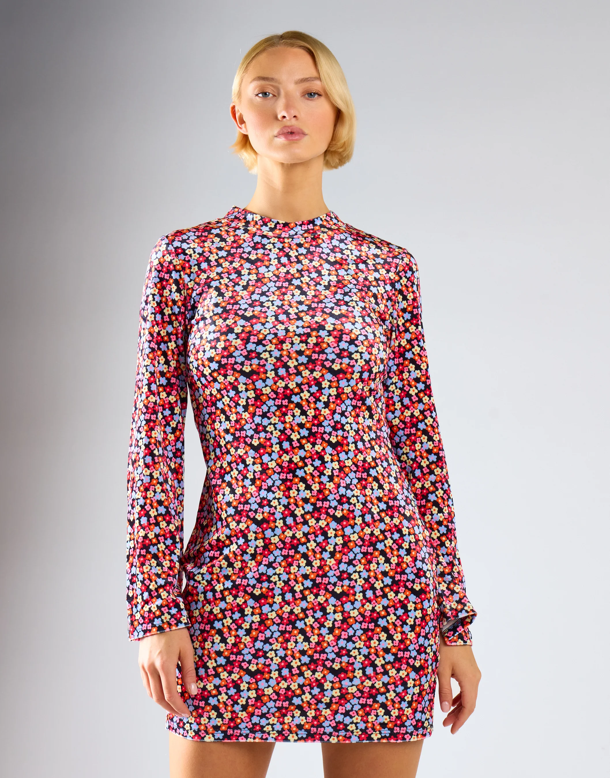 Multi-Ditsy-Velvet Long-Sleeve-Peplum Mini-Dress - Image 2