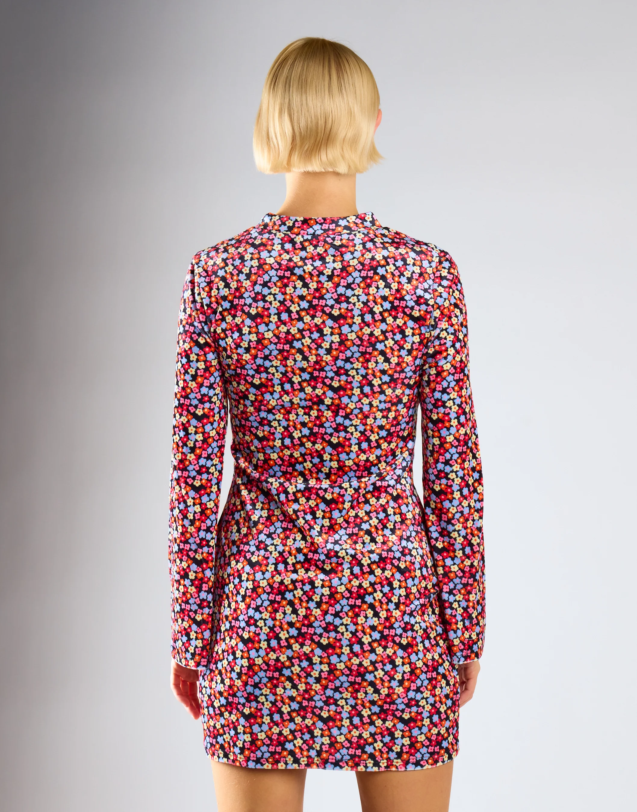 Multi-Ditsy-Velvet Long-Sleeve-Peplum Mini-Dress - Image 4