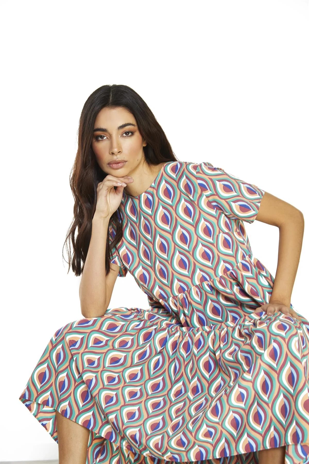 Multi-Geo-Swirl Round-Neck-Loose Midi-Dress - Image 3