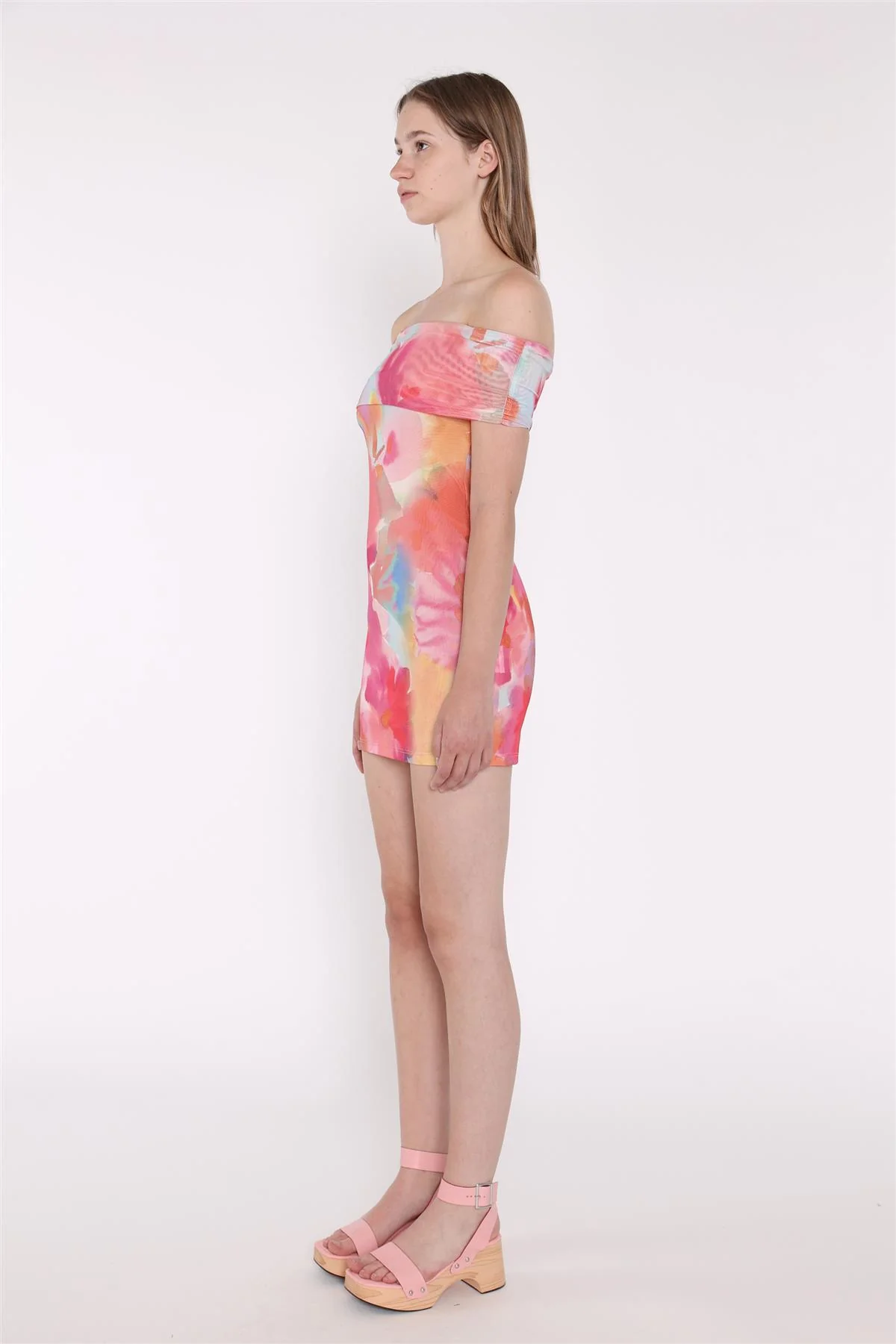 Multi Watercolour Flower Bardot Mini Dress - Image 3
