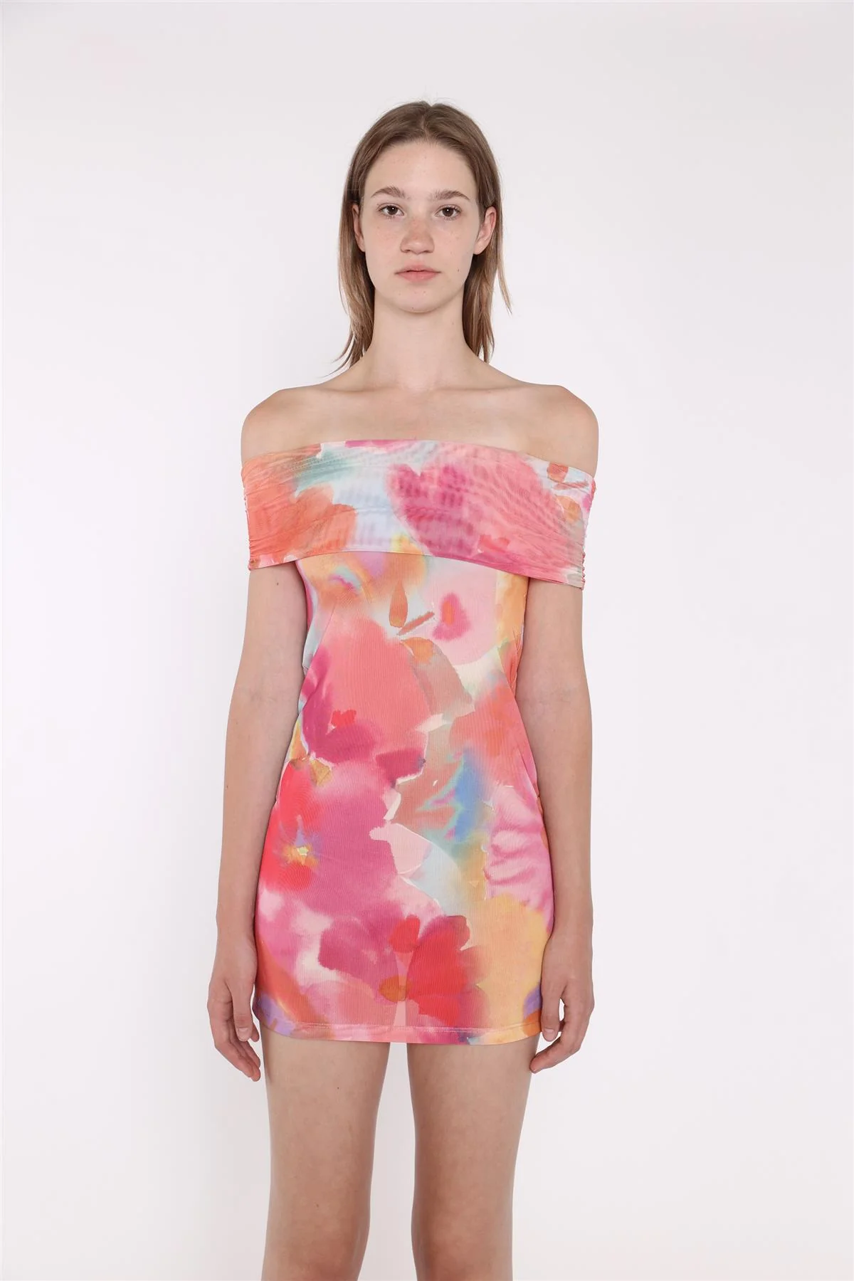 Multi Watercolour Flower Bardot Mini Dress - Image 4