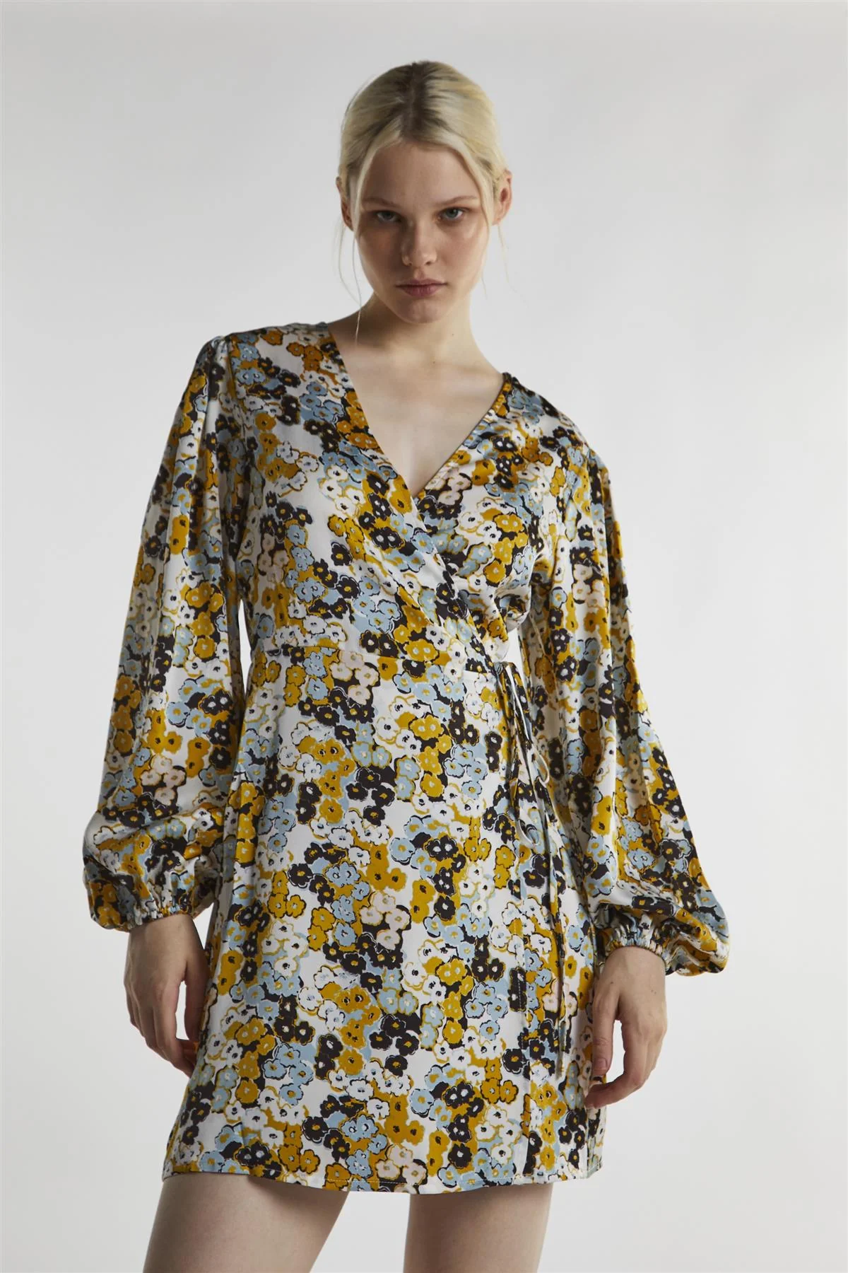 Mustard-Floral Wrap Mini-Dress - Image 4
