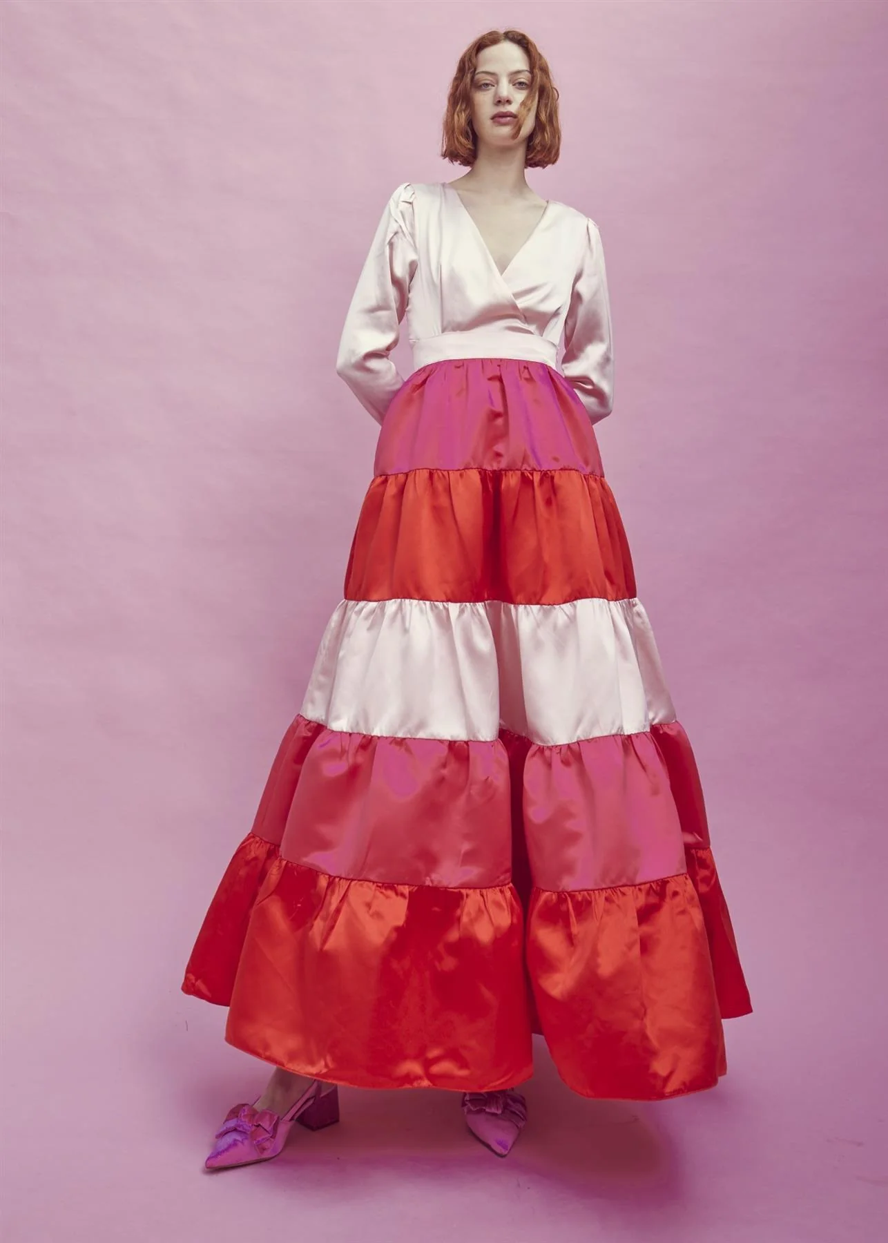 Nancy Gathered Tiered Midi Skirt -Pink-Red - Image 3
