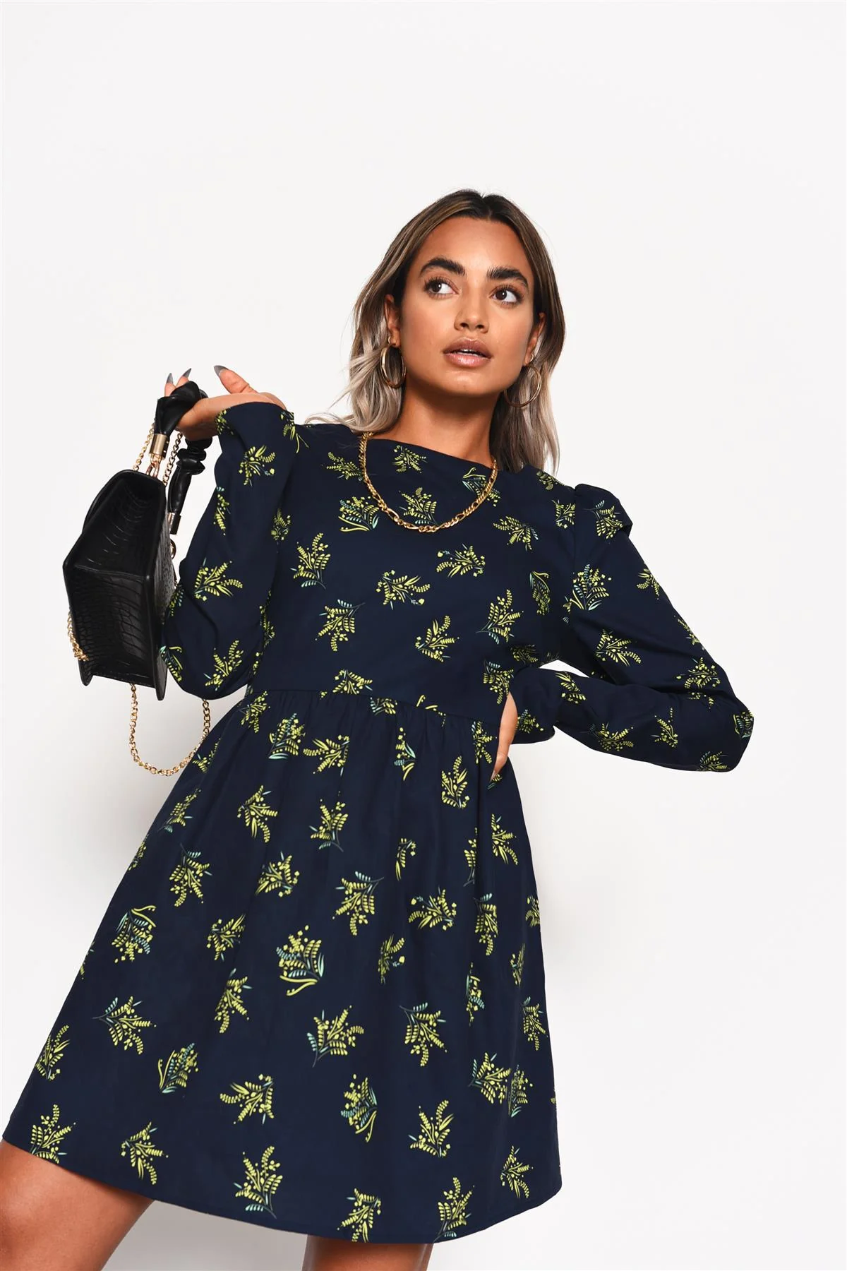 Navy-Bouquet Long Sleeve Mini-Dress - Image 5