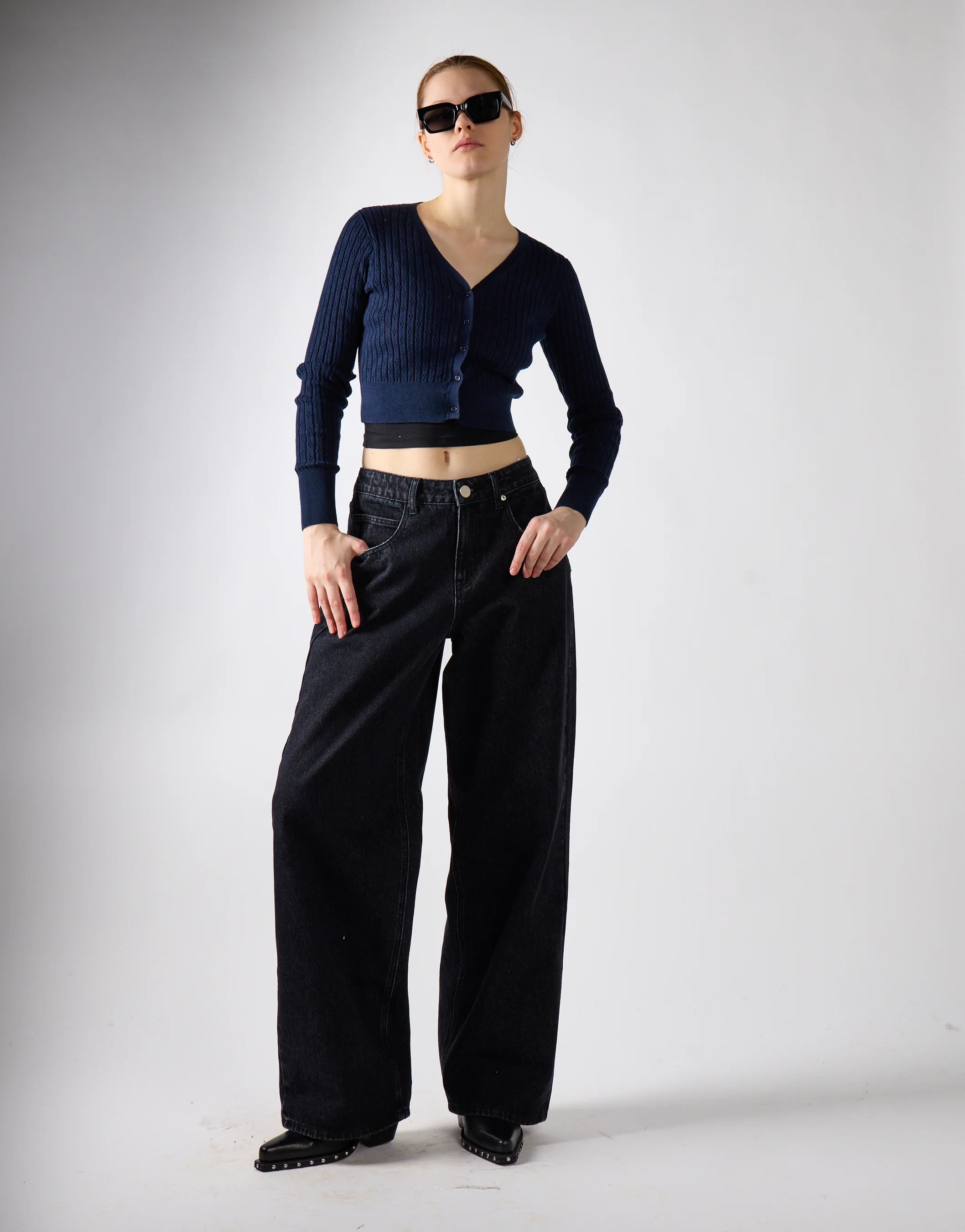 Navy Button-Front-Crop Cardigan