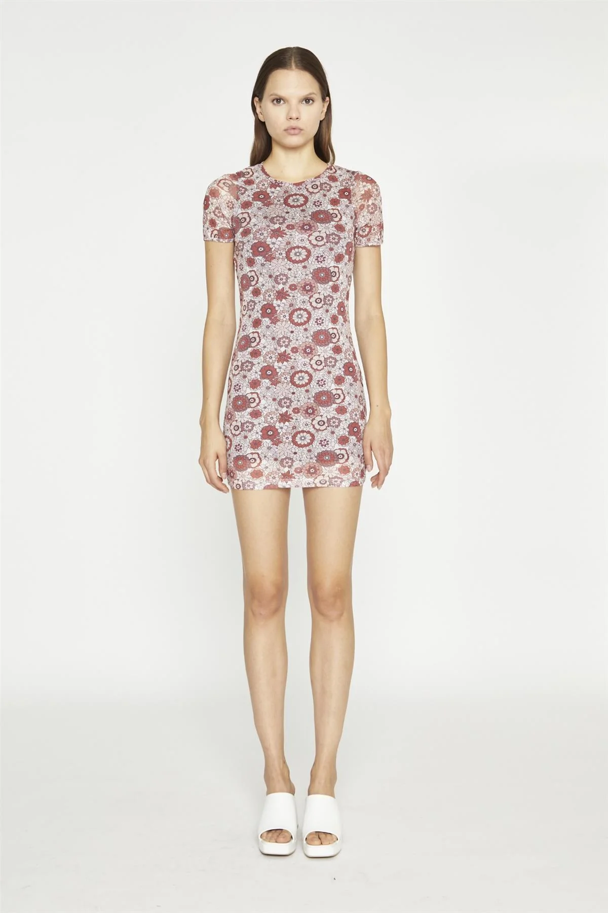 Nude-Brown-Vintage-Floral Body-Con Mini-Dress