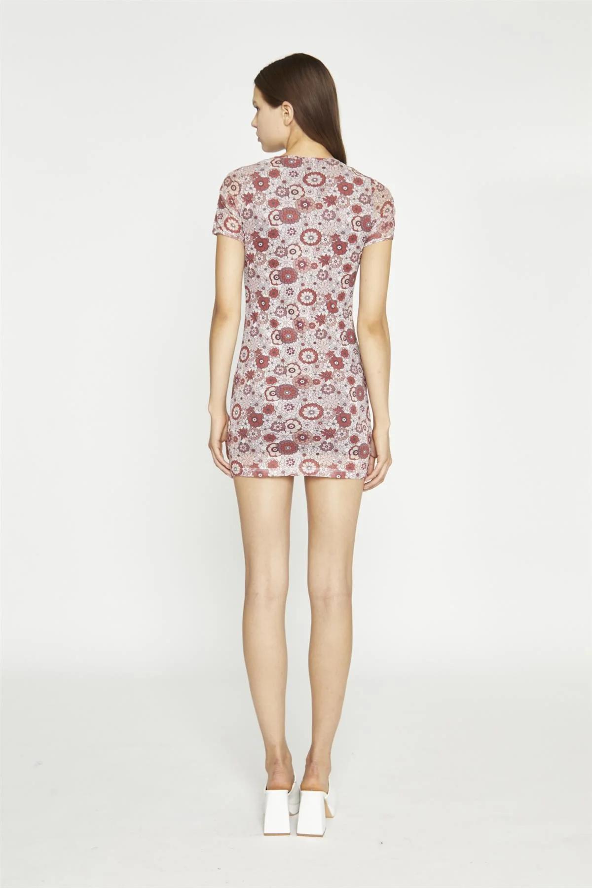 Nude-Brown-Vintage-Floral Body-Con Mini-Dress - Image 2