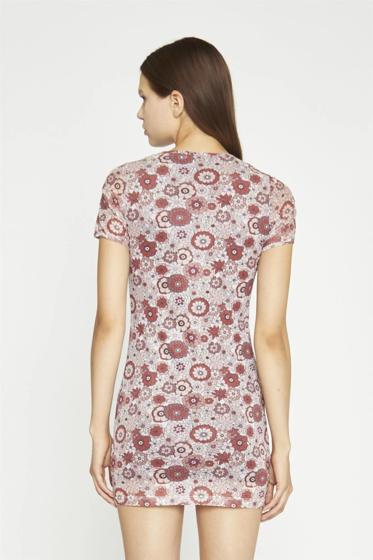 Nude-Brown-Vintage-Floral Body-Con Mini-Dress - Image 5